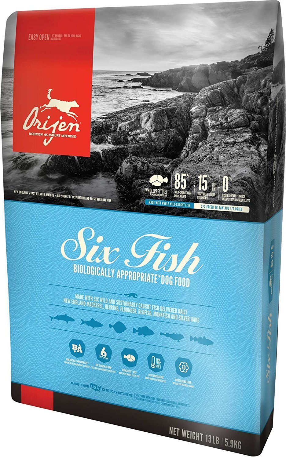 Orijen 13 LB Six Fish Formula, Dry Dog Food. (Pacific Pilchard, Mackerel, Hake, FLOUNDER, Rockfish &