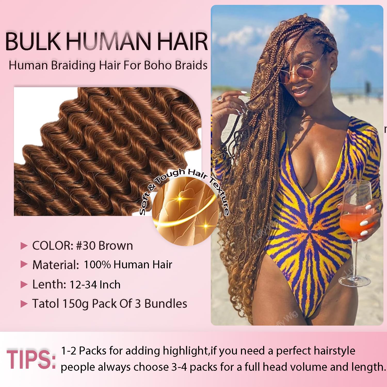 #30 Brown Boho Hair for Braiding Light Brown Deep Wave Boho Braids Human Braiding Hair 22 22 22 inch 150g No Weft Deep Culy 3 Bundles for Knotless Braids