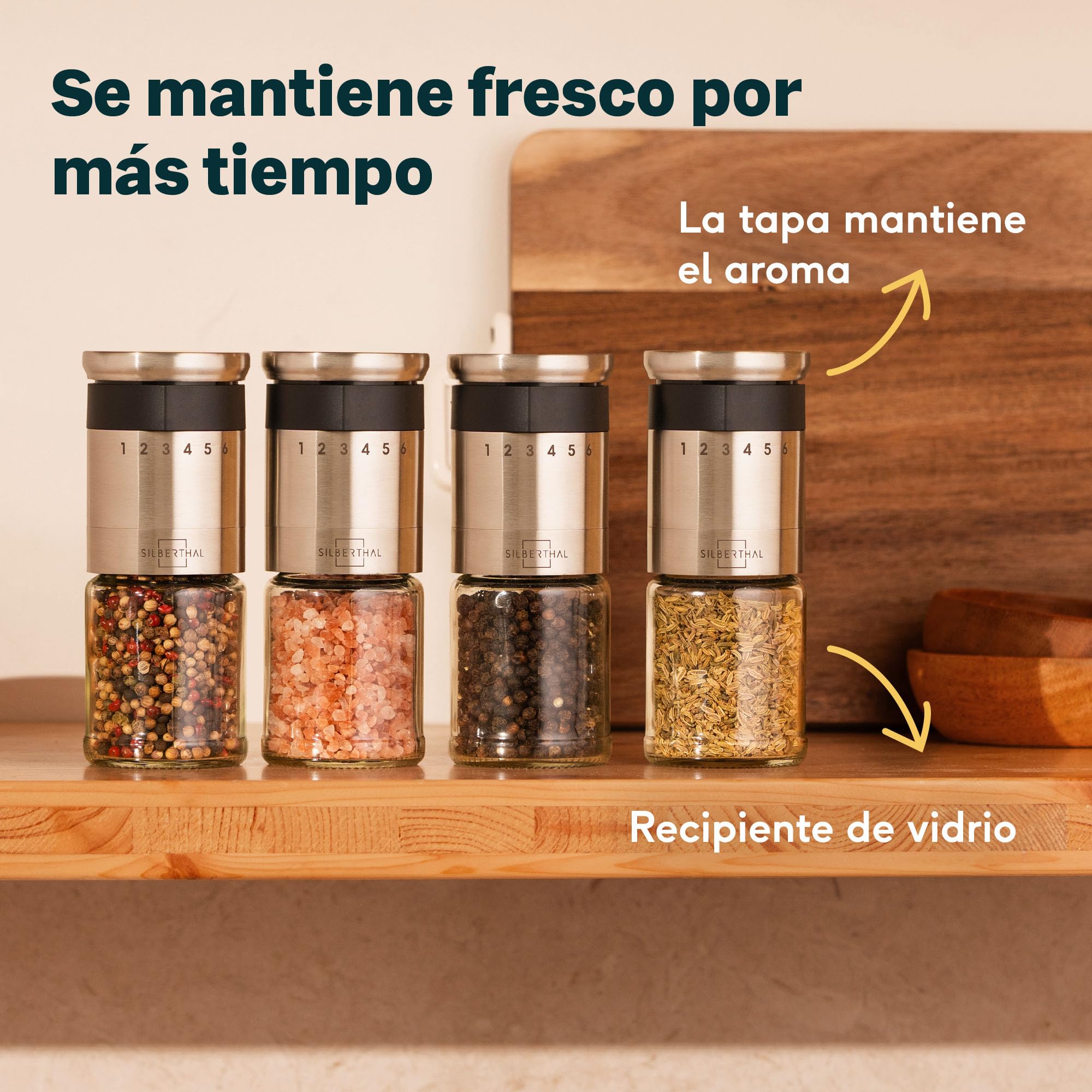 SILBERTHAL Molinillo de pimienta y sal - Ajustable a 6 niveles - Muela cerámica - Tapa hermética y cristal apto para lavavajillas