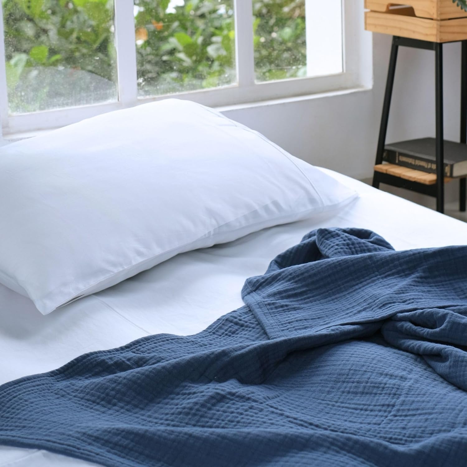 Salt Earth 100% Cotton Muslin Blanket, Gauze Blanket 80"X90" Queen, 4 Layered for Couch, Bed, Living Room,Lightweight & All Seasons Blankets & Throws, Easy to wash,Nature & Skin Friendly(Navy Blue) - Image 5