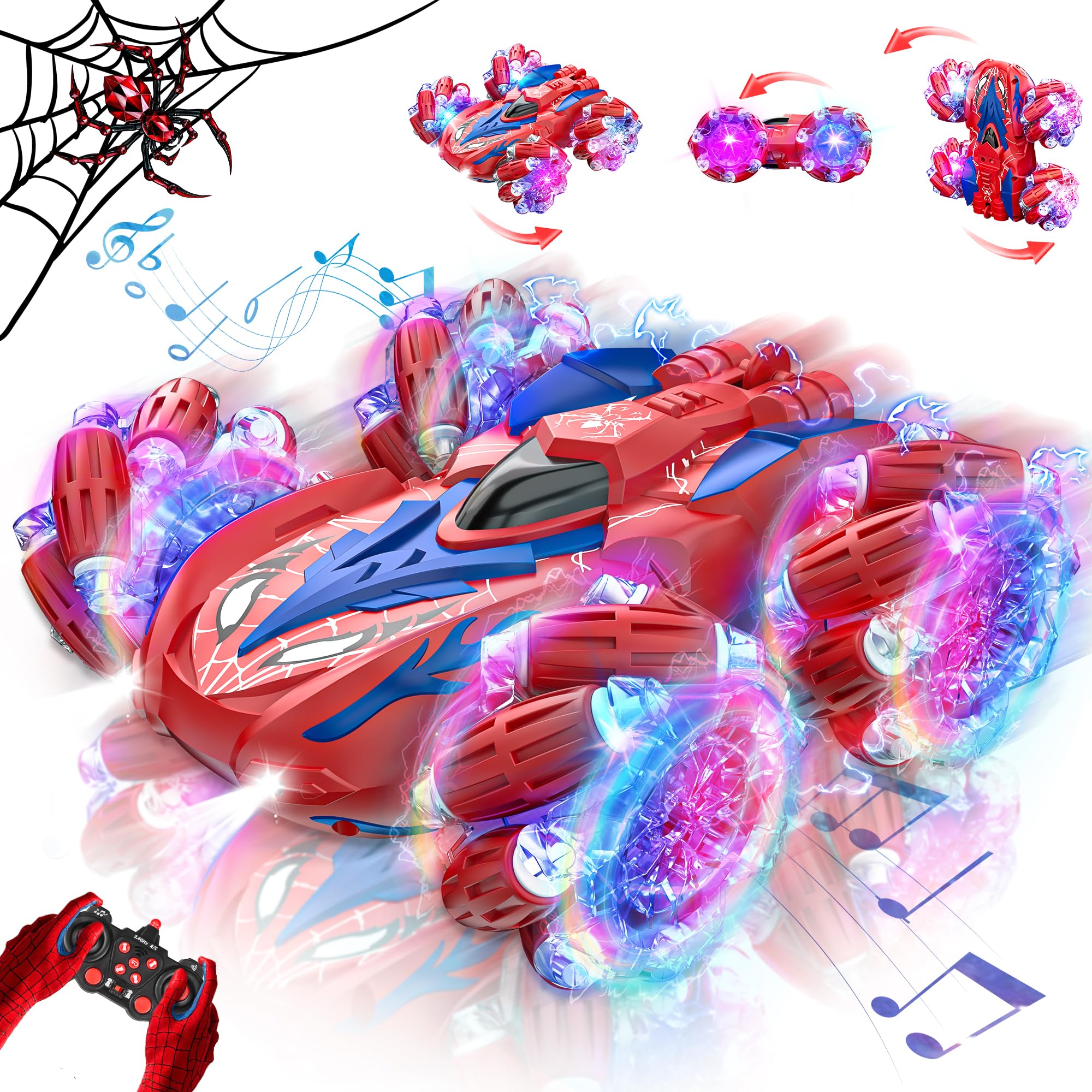 Spider Macchina Telecomandata per Bambini, 360° Ruotare e 2.4Ghz Monster Truck con Luce e Musica, 4WD RC Auto Acrobatica Giochi Bambini 3 4 5 6 7 8 9 Anni, Regalo Bambino Bambina per Compleanno Natale