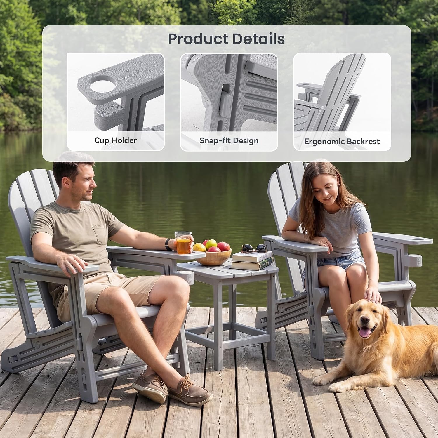 HOMPUS Outdoor Adirondack Chair, Patio HDPE Chair with Cup Holder, Solid Garden Chair Weather Resistant, Fire Pit Chair, Plastic Patio Chair for Deck,Garden, Wood Textured-Grey