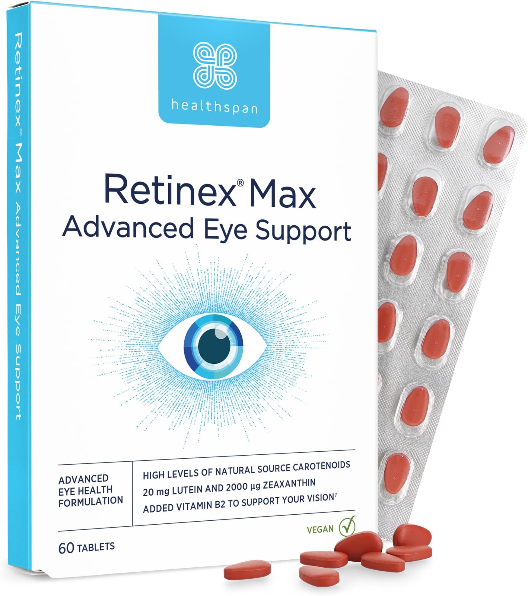 Healthspan Retinex Max Eye Advanced Eye Support (60 Tablets) | Long Term Vision & Eye Health | 20mg Lutein & 2,000ug Zeaxanthin | with Vitamin B2 | Natural Source Carotenoids | Vegan
