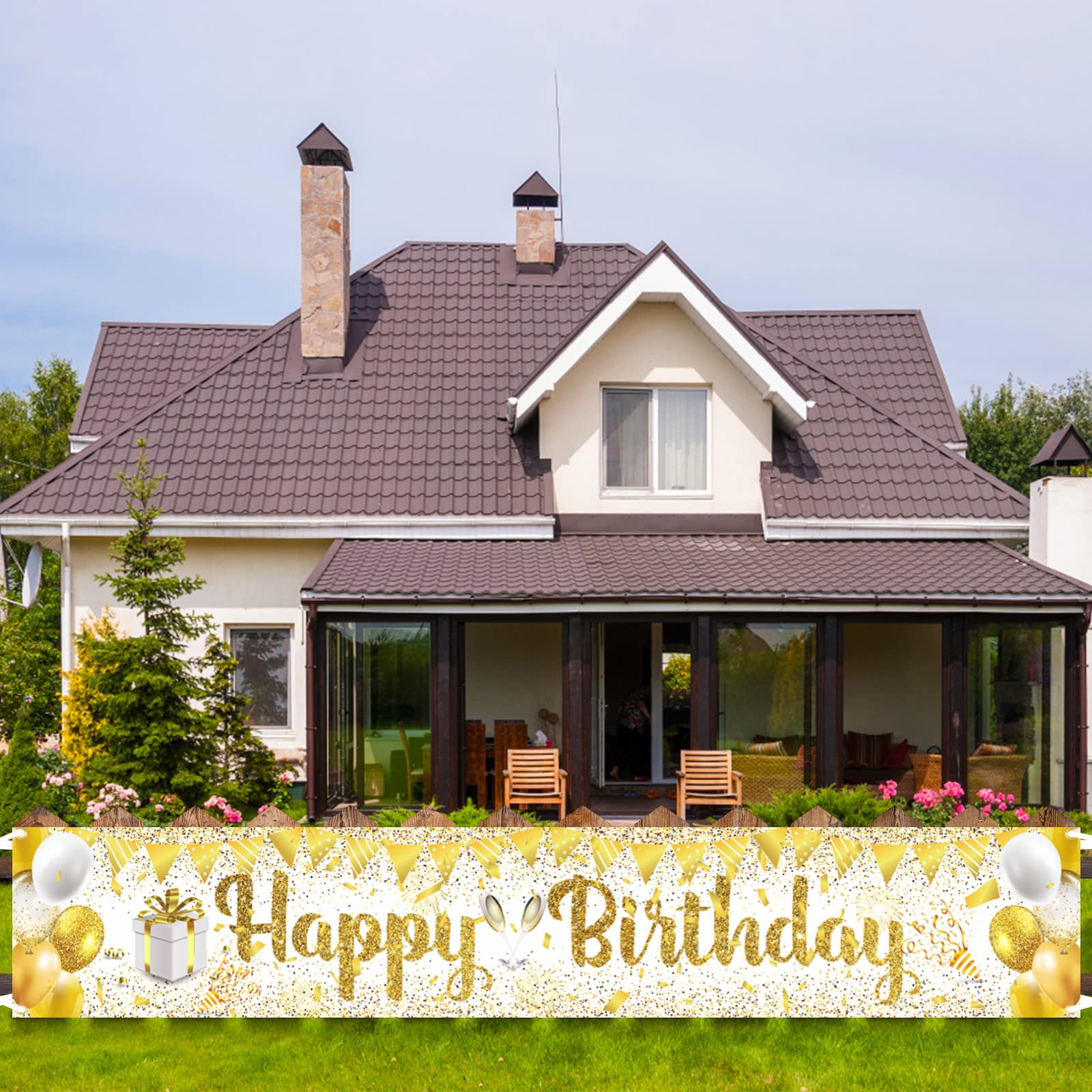 Gold White Birthday Party Decorations Banner, Gold and White Happy Birthday Yard Banner, Large Gold White Birthday Yard Sign Banner for Women Men Girls Indoor Outdoor Party Decoration 118x19.6inch