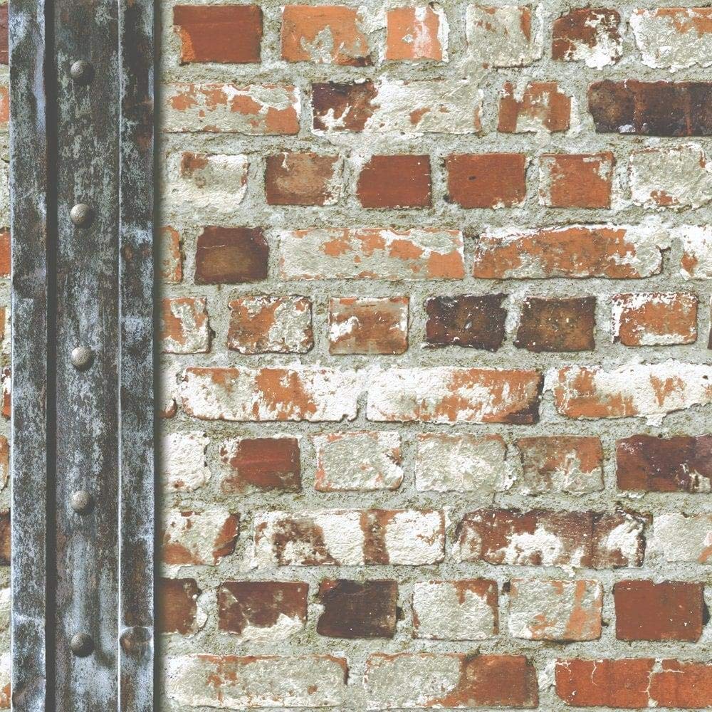 Yöl Orange,Grey,Red Loft Brick Effect Wallpaper Orange Grey Stone Slate Rustic Weathered Beam Y�L