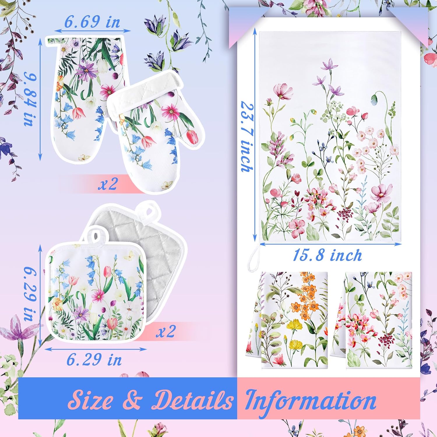 Tioncy 7 Pcs Floral Apron Oven Mitts and Pot Holders Sets for Christmas 2 Flower Towels 2 Kitchen Hot Pad for Gift Women(Wildflowers) - Image 4