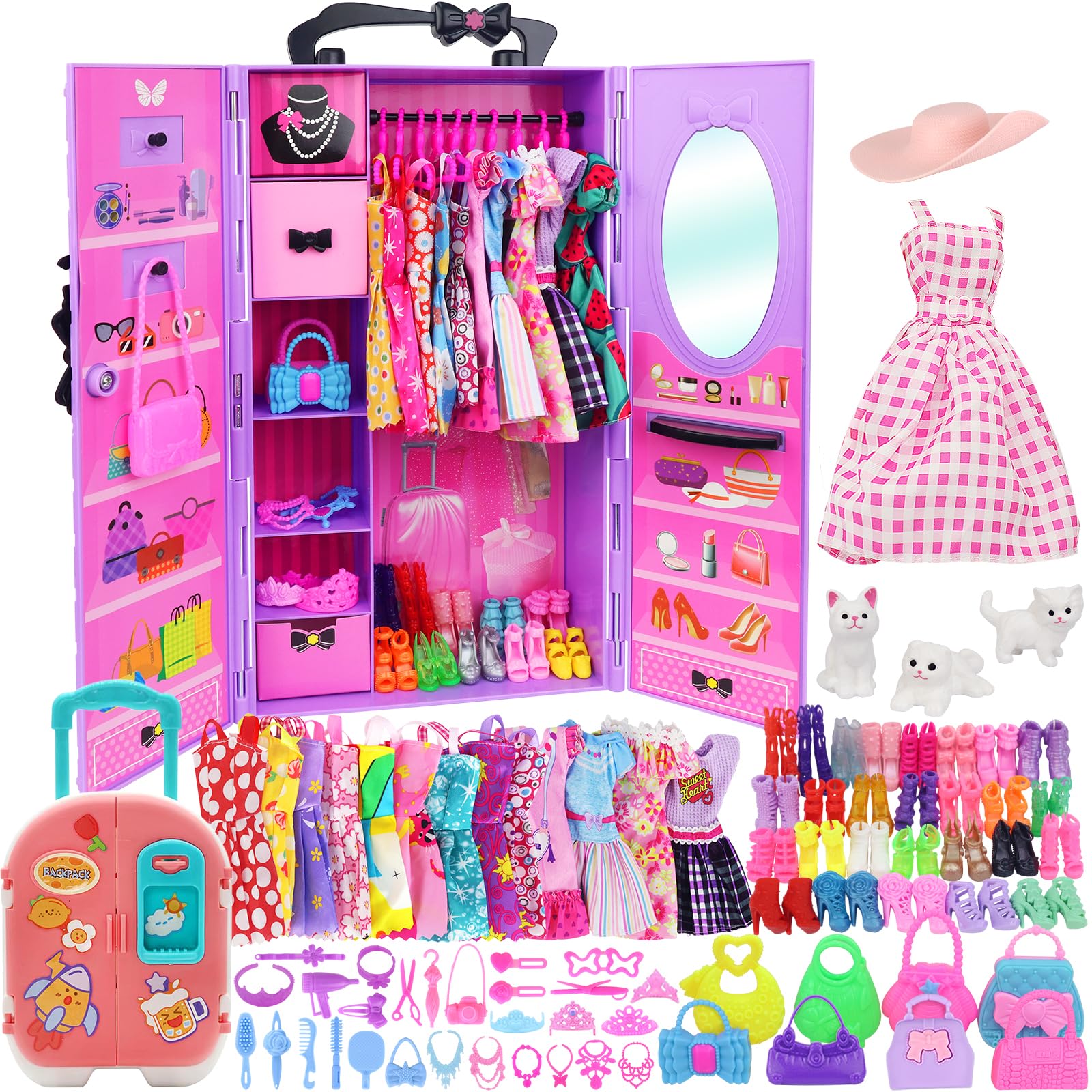 K.T. Fancy 83 Pcs Dolls & Accessories with Purple Closet Wardrobe for 11.5 Inch Doll Dress Up Set Including Wardrobe Shoes, Wallet, Dress Hangers, Brush, Necklace, Pet and Other Accessories