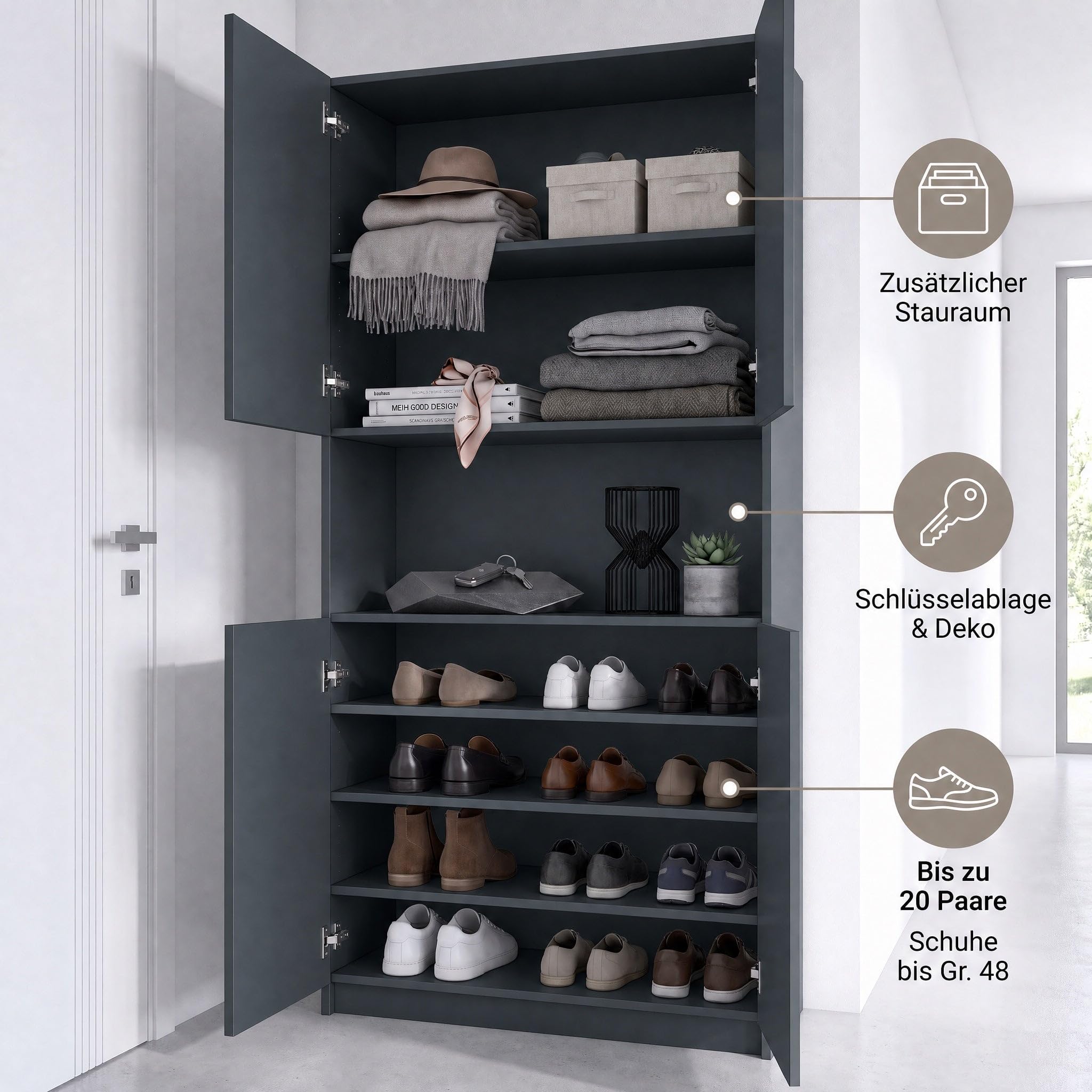 Schuhschrank Elona M2, Anthrazit matt (82 x 184 x 37 cm)