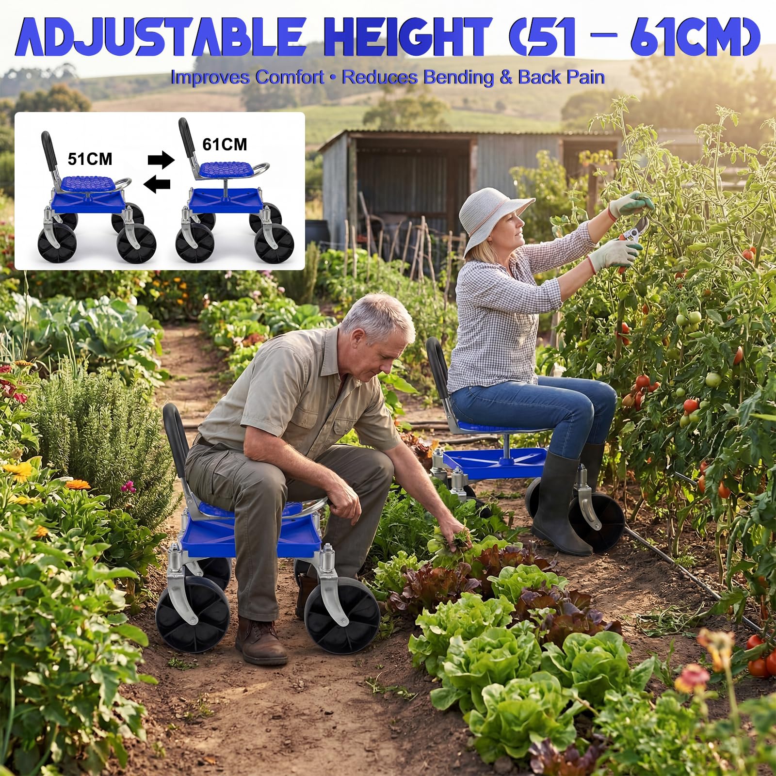Stołek ogrodowy na kółkach 150 kg – 360° obrotowe siedzisko i kółka, regulacja wysokości 51–61 cm – solidny stołek do ogrodu i garażu z rękawicami do pielenia, sadzenia i czyszczenia auta