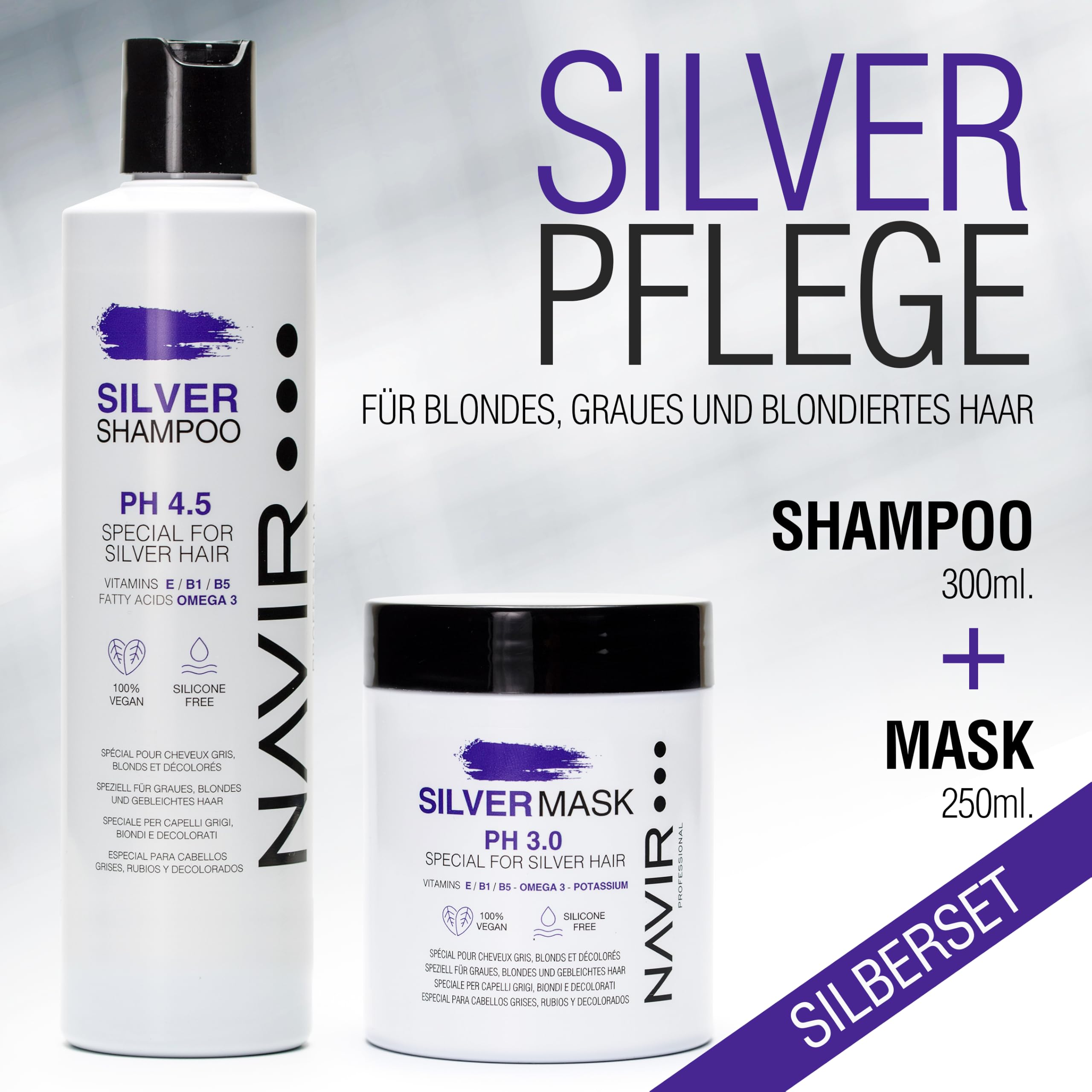 NAVIR Silver Professionelle Silberpflege für blondes, blondiertes, gesträhntes, weißes und graues Haar | Silbershampoo 300 ml + Silbermaske 250 ml