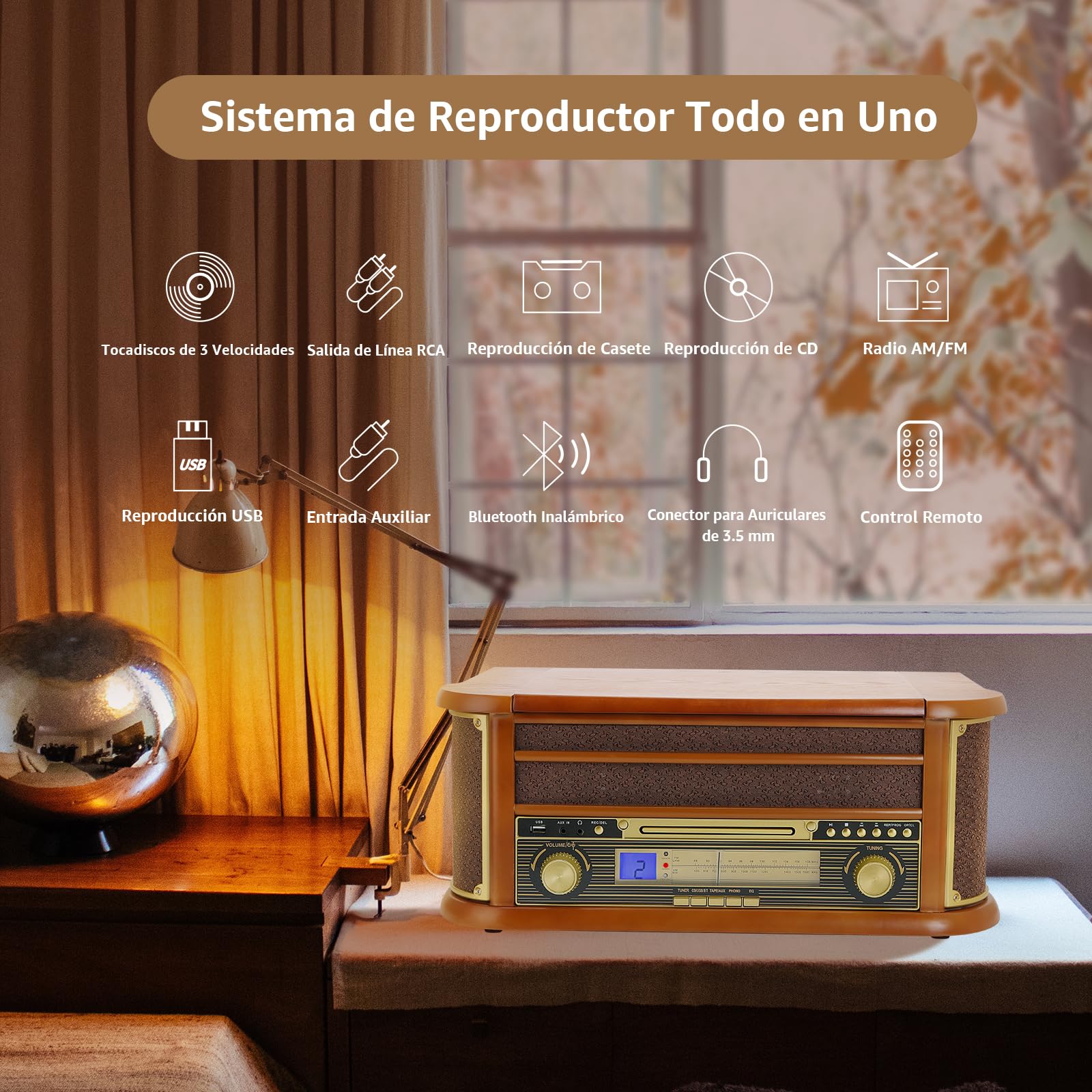 Tocadiscos de Vinilo Vintage Bluetooth inalámbrico de 3 velocidades con Radio fonógrafo Am/FM con Conector de 3,5 mm, CD/Cassette, Entrada Auxiliar/Salida RCA, reproducción USB