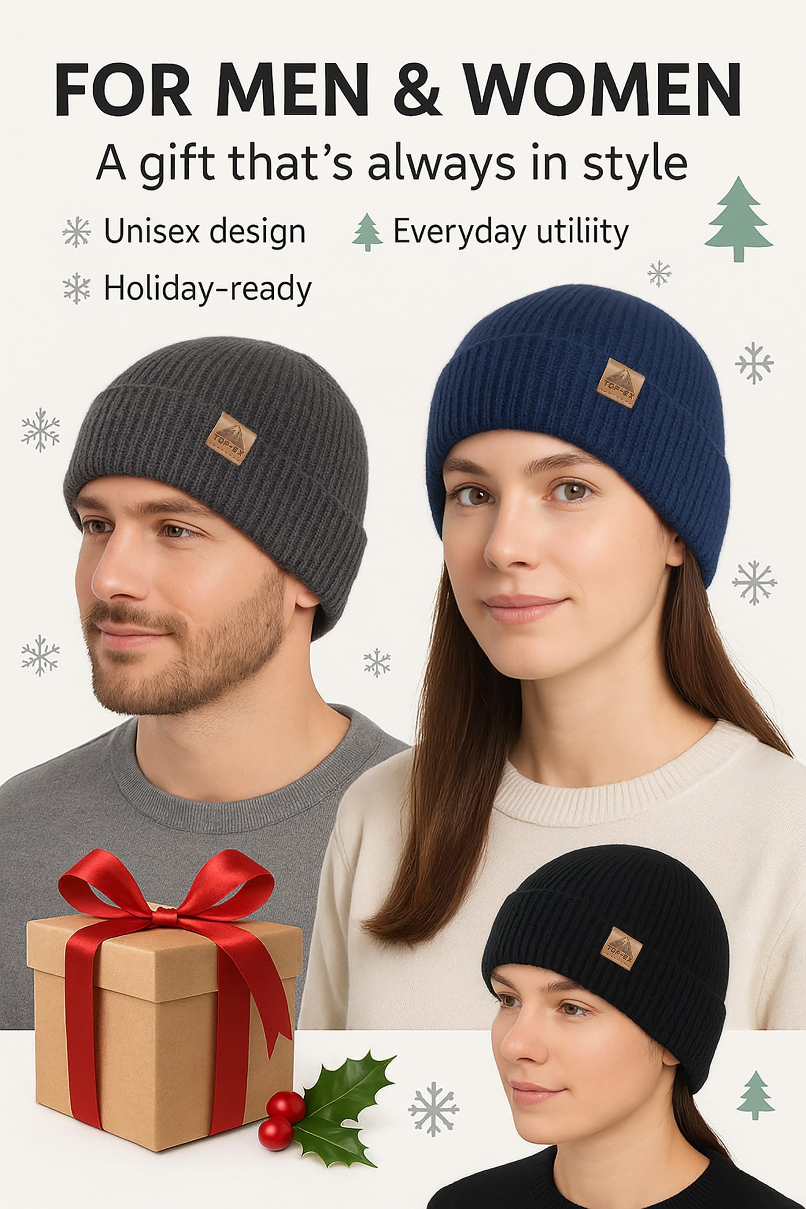 TOP-EX Berretto invernale in 100% lana merino con risvolto – strato singolo lavorato a maglia, cappello invernale in lana per uomo e donna 55-66 cm