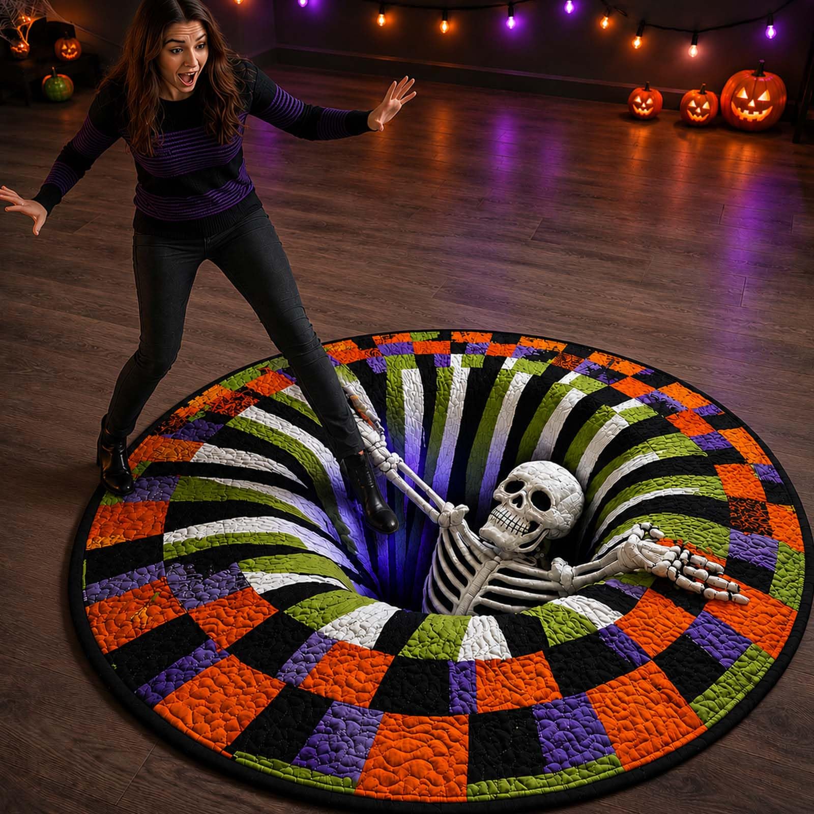 3d Optical Illusion Skeleton Vortex Quilted Round Halloween Rugs,3d Deep Vortex Illusion Halloween Rug,Non-Slip Indoor Floor Decor For Party Room (A,32in)