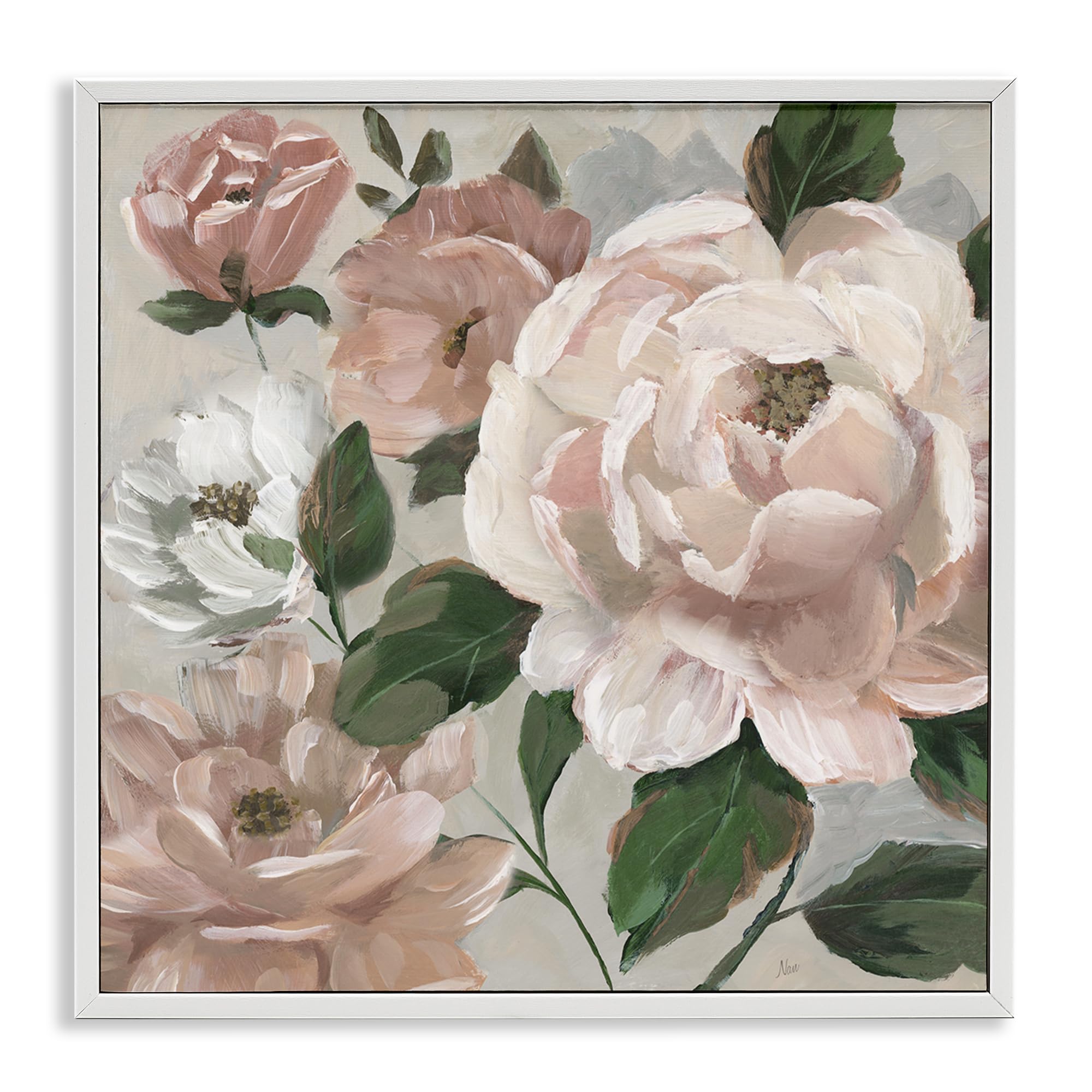 Stupell Industries Coastal White (Textured) 'Delicate Blush Peonies With Leaves'| Framed Giclee Art