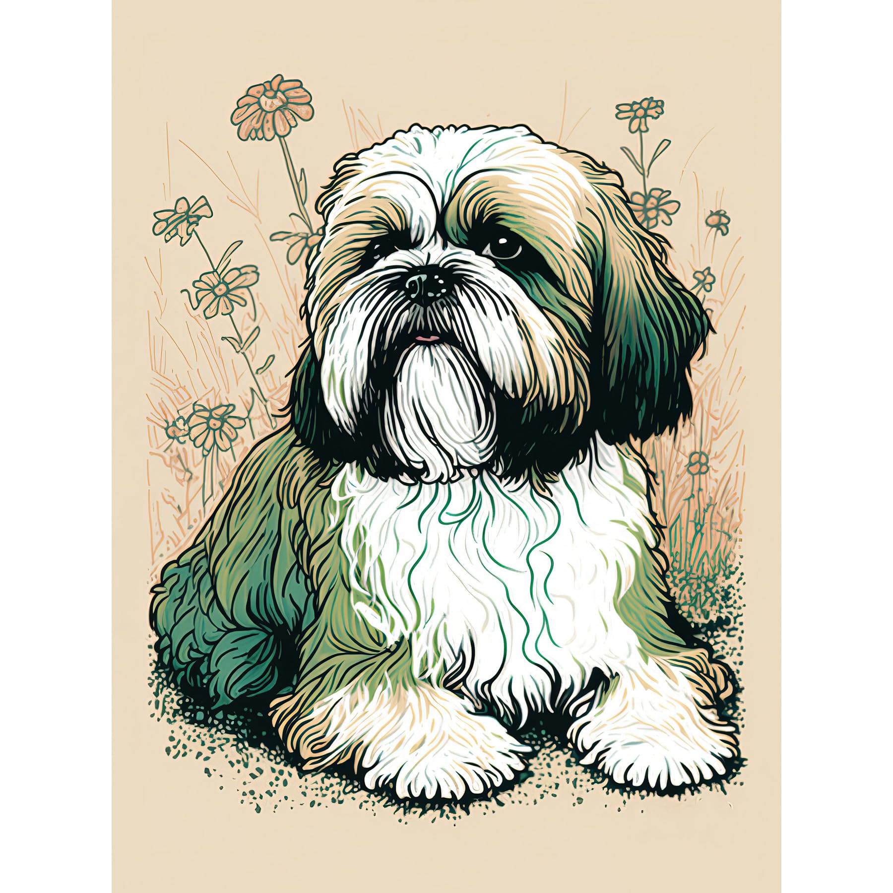Artery8 Shih Tzu Dog with Daisies Modern Multicoloured Linocut Illustration Extra Large XL Wall Art Poster Print