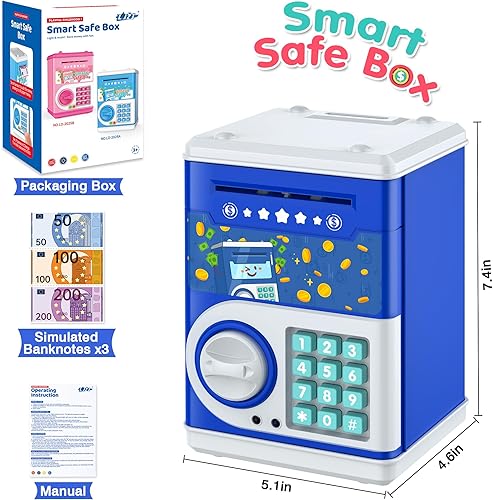 Miniatura 13 de Alcancía azul para niños, banco electrónico de monedas, tarro de dinero seguro para niños de 4 7 8 9 10 11 años con bloqueo de código de contraseña