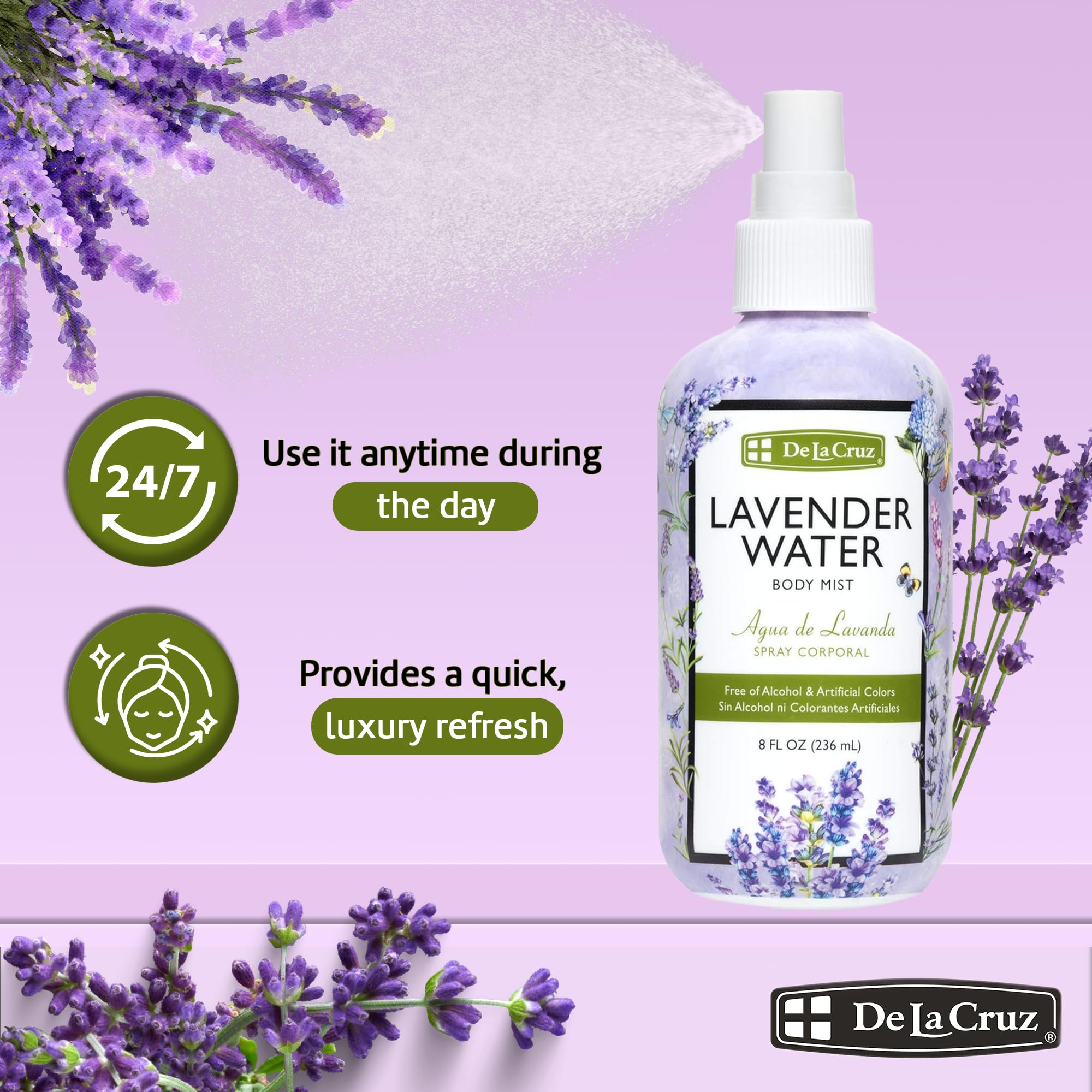 Lavender Water Body Mist - Spray de lavanda con aceite esencial de lavanda puro, 8 onzas líquidas (8.0 fl oz) 4