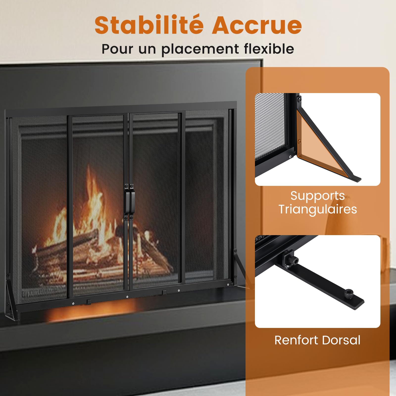 COSTWAY Pare Feu Cheminée avec Portes Coulissantes, Écran Métal, Pare-étincelles Maille, Grille Protection Poêle, Cadre Triangulaire 96x79 cm