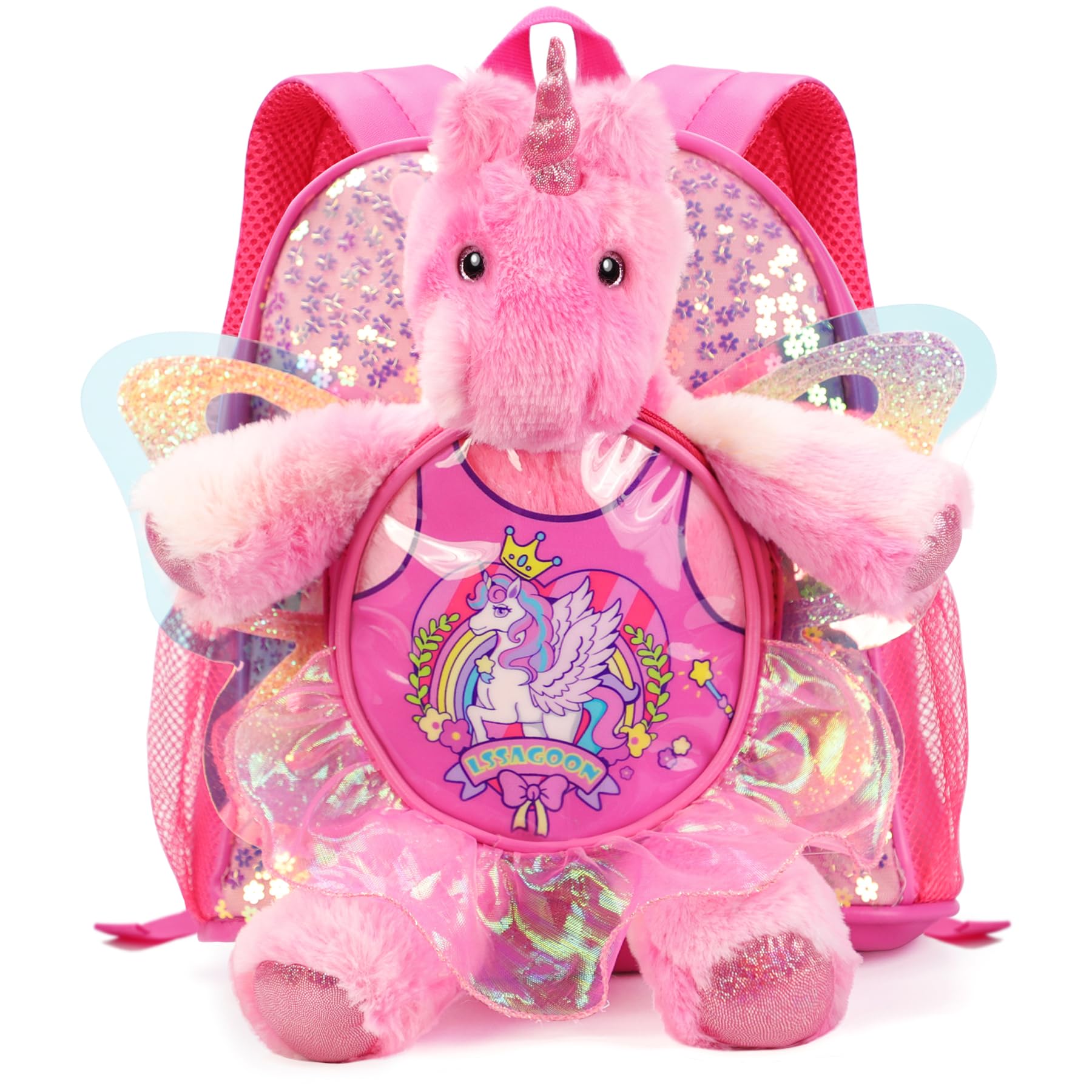 LSSAGOON Unicorn Doll Backpacks for Toddler Girls,Cute Sequins Bookbag for Kindergarten Nursery Preschool,Kids Small Ballet Dance Bag,Gift for Xmas Birthday.Unicorn Stuffed AnimaToys