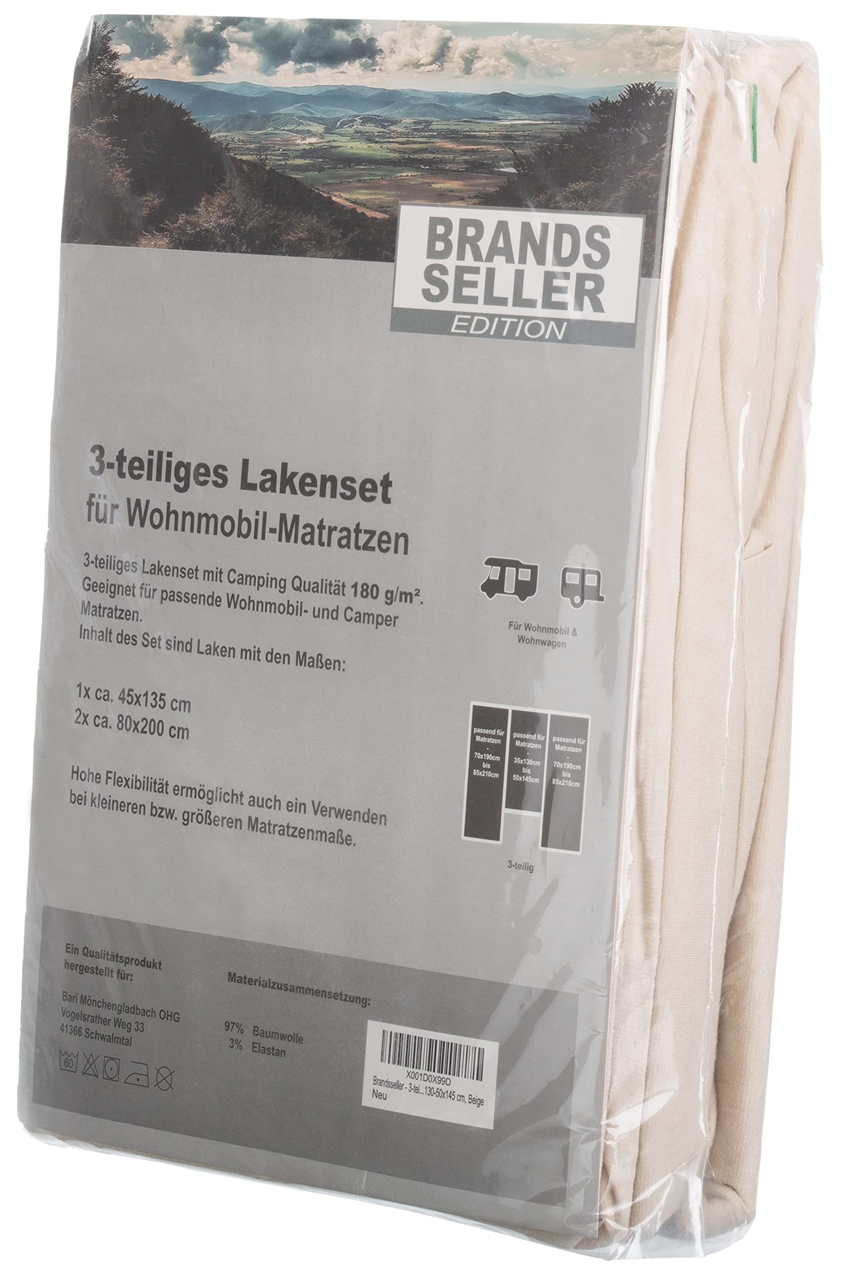 Brandsseller Juego de 3 Sábanas Bajeras para Cama Trasera de Caravana Autocaravana Sábana Bajera Camping 70 x 190 cm - 85 x 210 cm (2X) y 35 x 130 cm - 50 x 145 cm (1x) - Beige