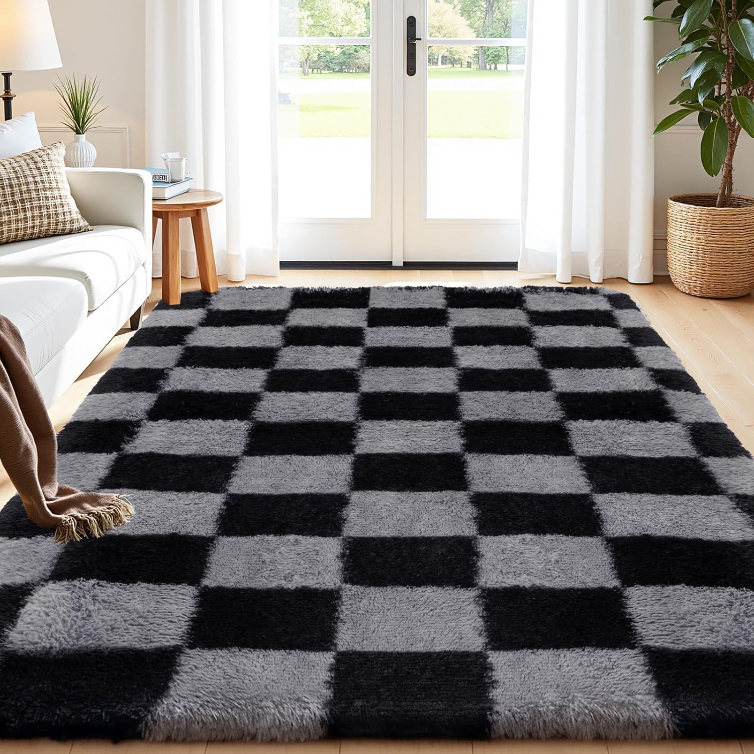 Enyhom Shaggy Checkered Rugs Living Room 160x230 cm, Black Grey, Washable — image 1