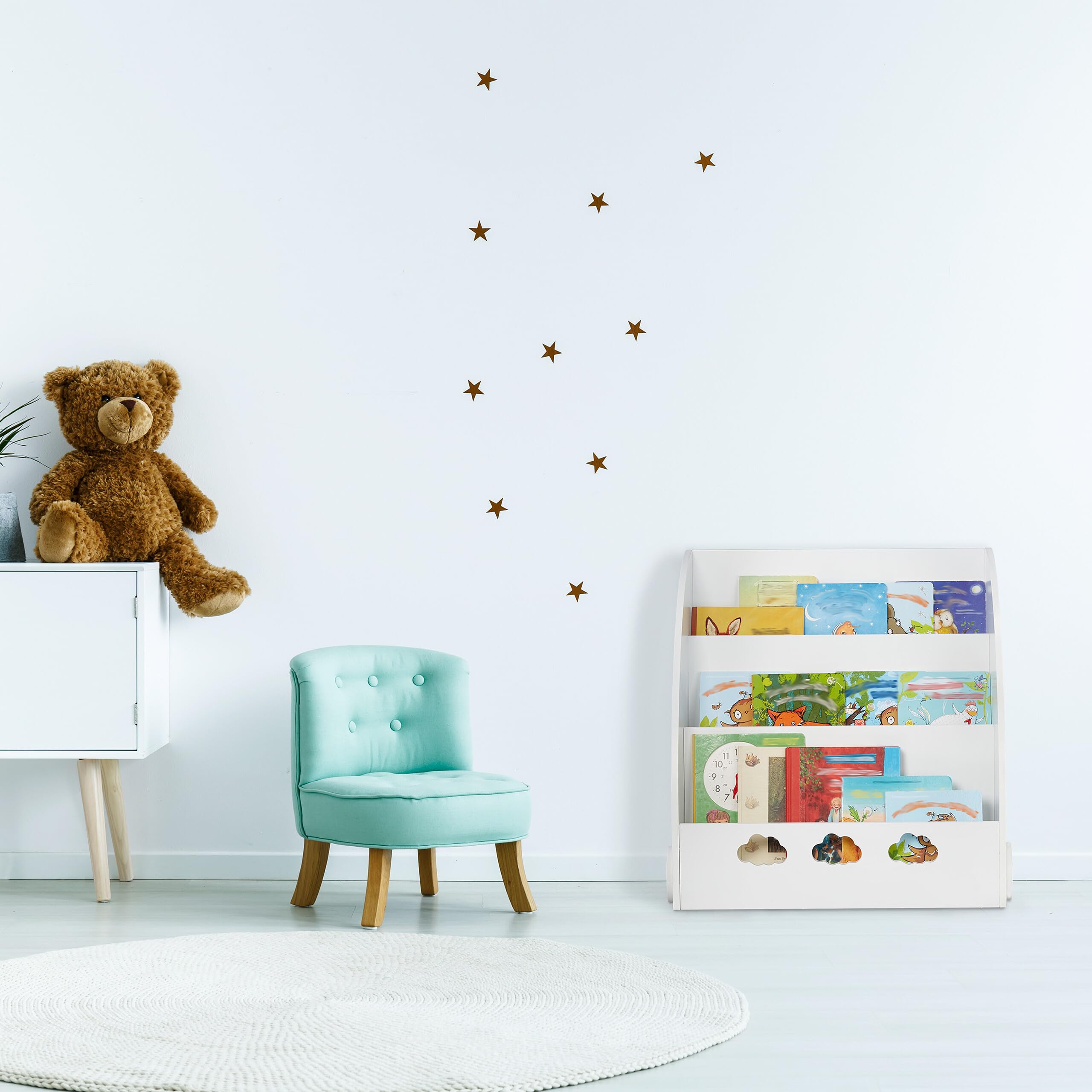Relaxdays Estantería Infantil Libros, 60 x 58 x 45cm, Librería Niños 3 Baldas, MDF, Mueble Organizador con Nubes, Blanco
