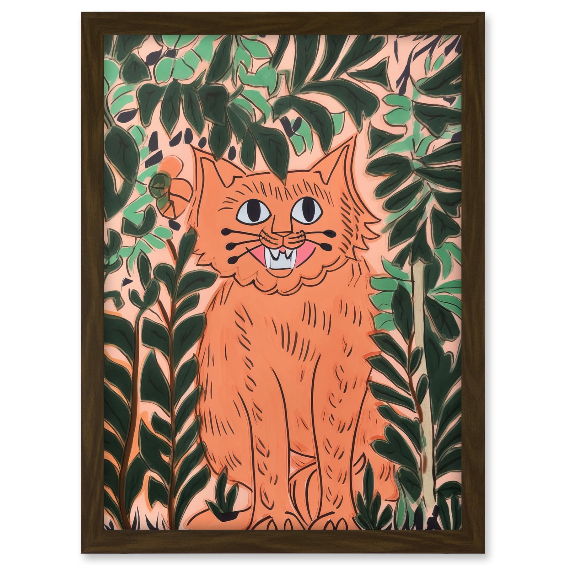 Artery8 Ginger Orange Tabby Cat in Plants Modern Folk Art Artwork Framed A3 Wall Art Print