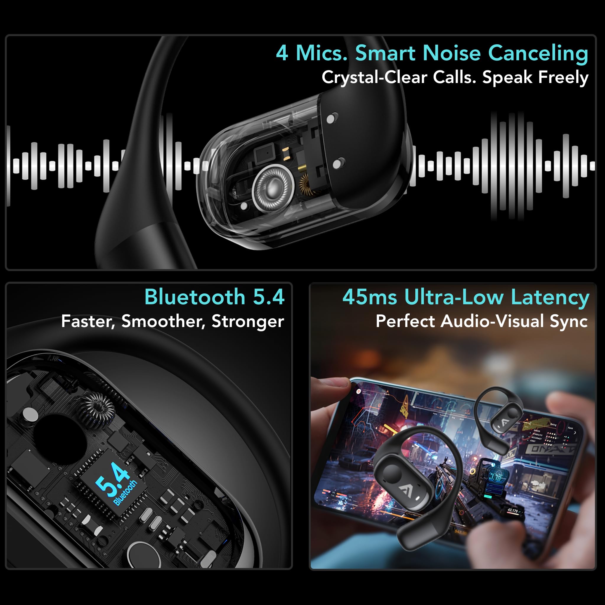 Auricolari con qualità del suono HD senza fili aperti, chiamate vocali chiare con tecnologia ENC a 4 microfoni, Bluetooth 5.4, resistenza all'acqua IPX4, durata della batteria di 40 ore, app mobile