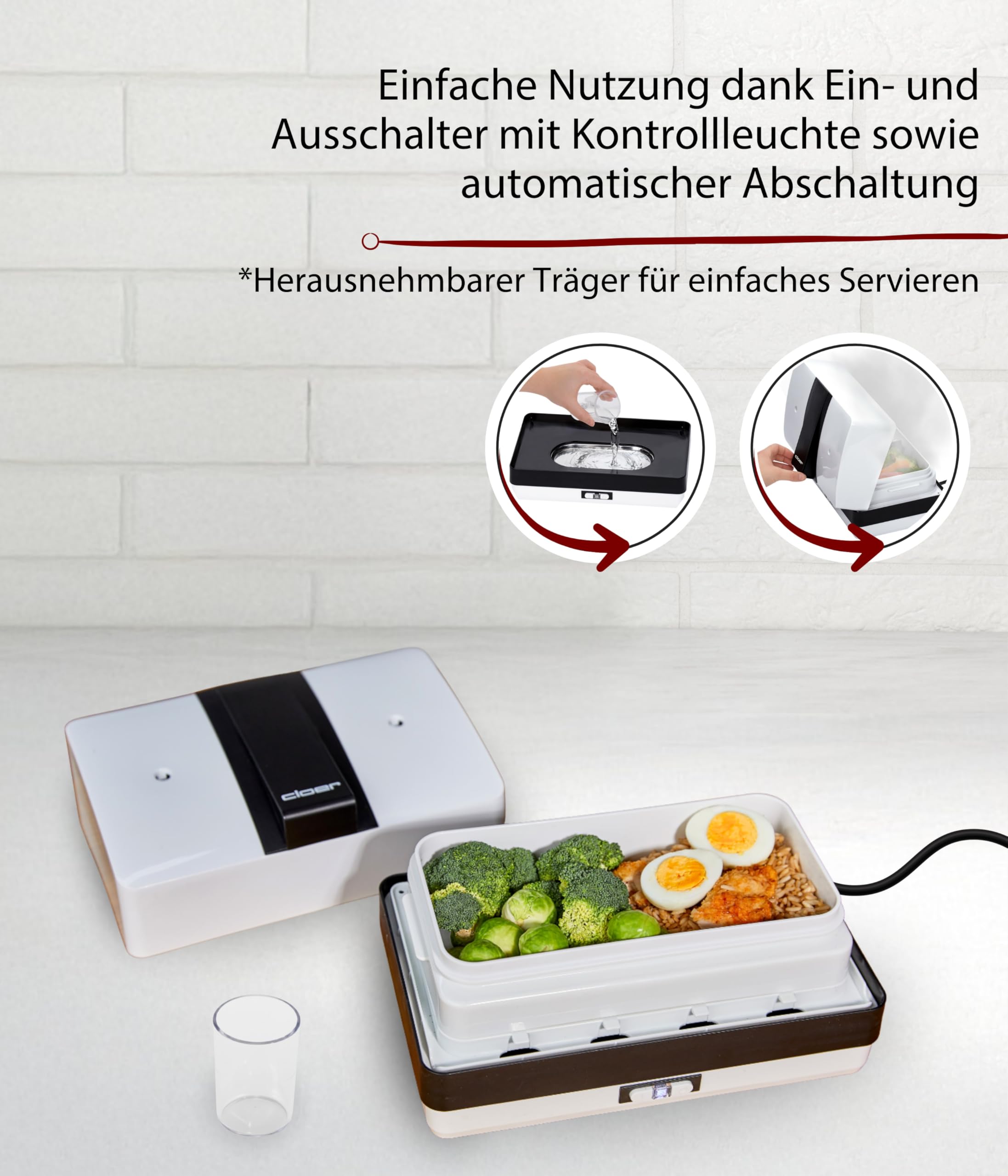 Cloer 800MBX Menübox elektrische Lunchbox zum Aufwärmen von Speisen-inkl 1,2 l, Tablett und Messbecher herausnehmbarer Träger Edelstahlkochplatte, kombinierbar Lunchbox-Sets, Weiß, 1,2 Liter