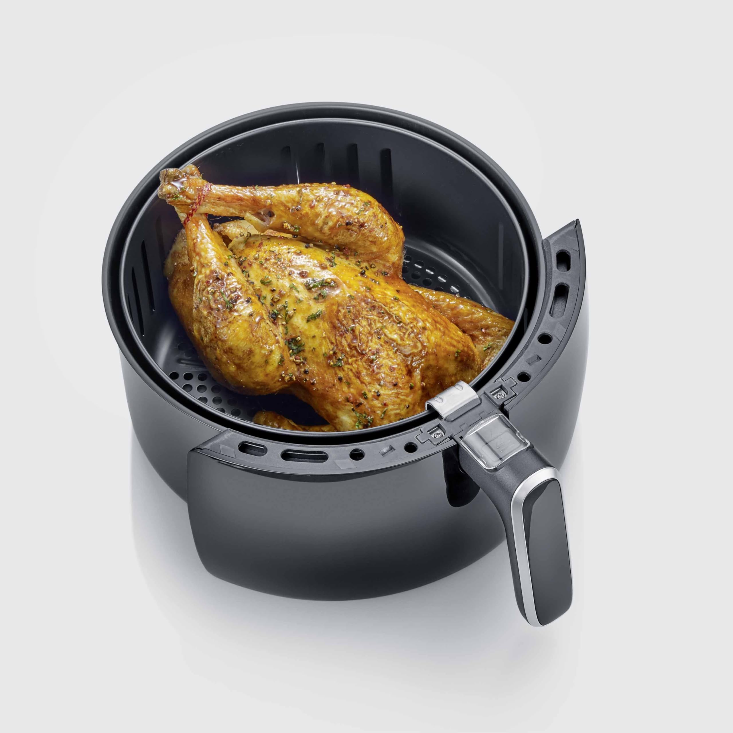 SEVERIN Heißluftfritteuse XXL mit 5 Liter Fassungsvermögen, Airfryer für gesundes Kochen, Fritteuse ohne Fett mit 8 Automatikprogrammen, 2000 W, schwarz/silber-metallic, FR 2445