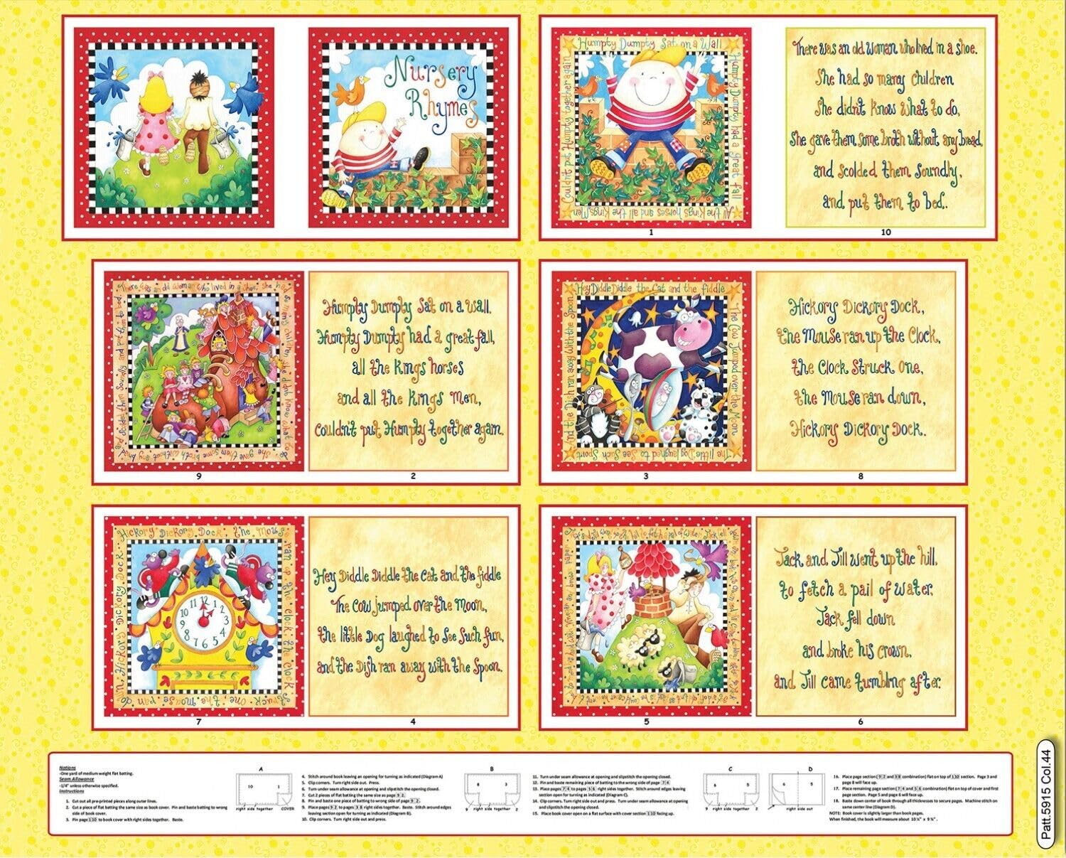 FlashPhoenix Quality Sewing Fabric - Little Reader Nursey Rhymes Humpty Dumpty Jack Jill Book Panel 100% Cotton Fabric 36" x 45"