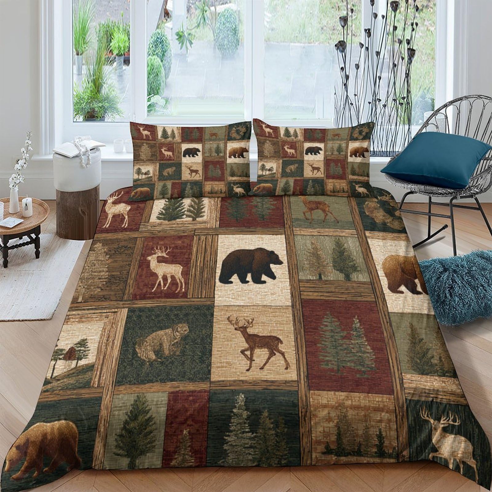 TUFRTGYHN 3D Printed Forest Wildlife Duvet Cover Microfiber Soft Lodge Cabin Bedding Set with 2 Pillowcases for Bedroom Decor Single（135x200cm）