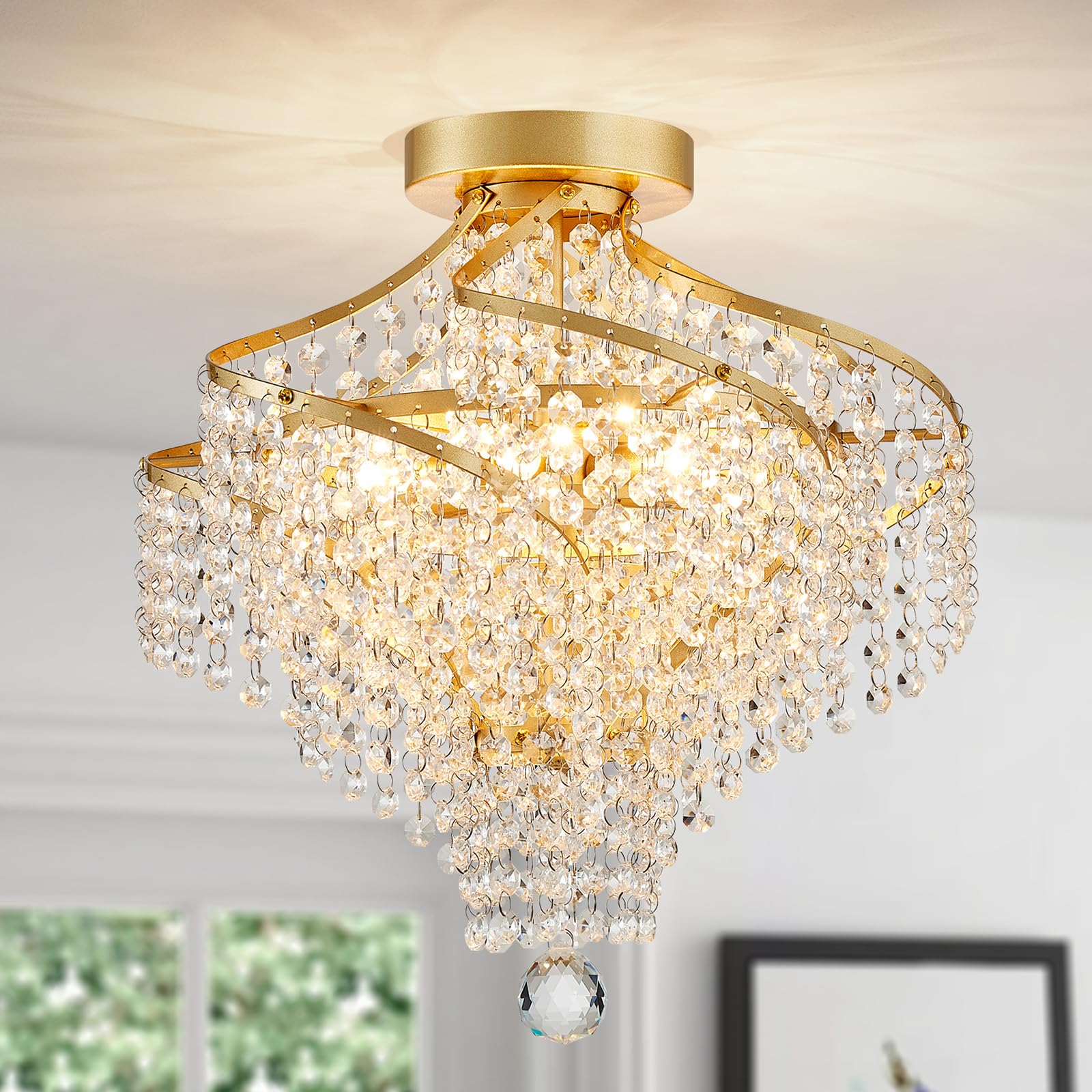 Photo 1 of WUZUPS Crystal Chandelier Semi Flushmount Ceiling Light Modern Lighting Fixture for Bedroom Hallway Bar Kitchen Bathroom, H 14.7" x W 14.7", Gold, G9 Base