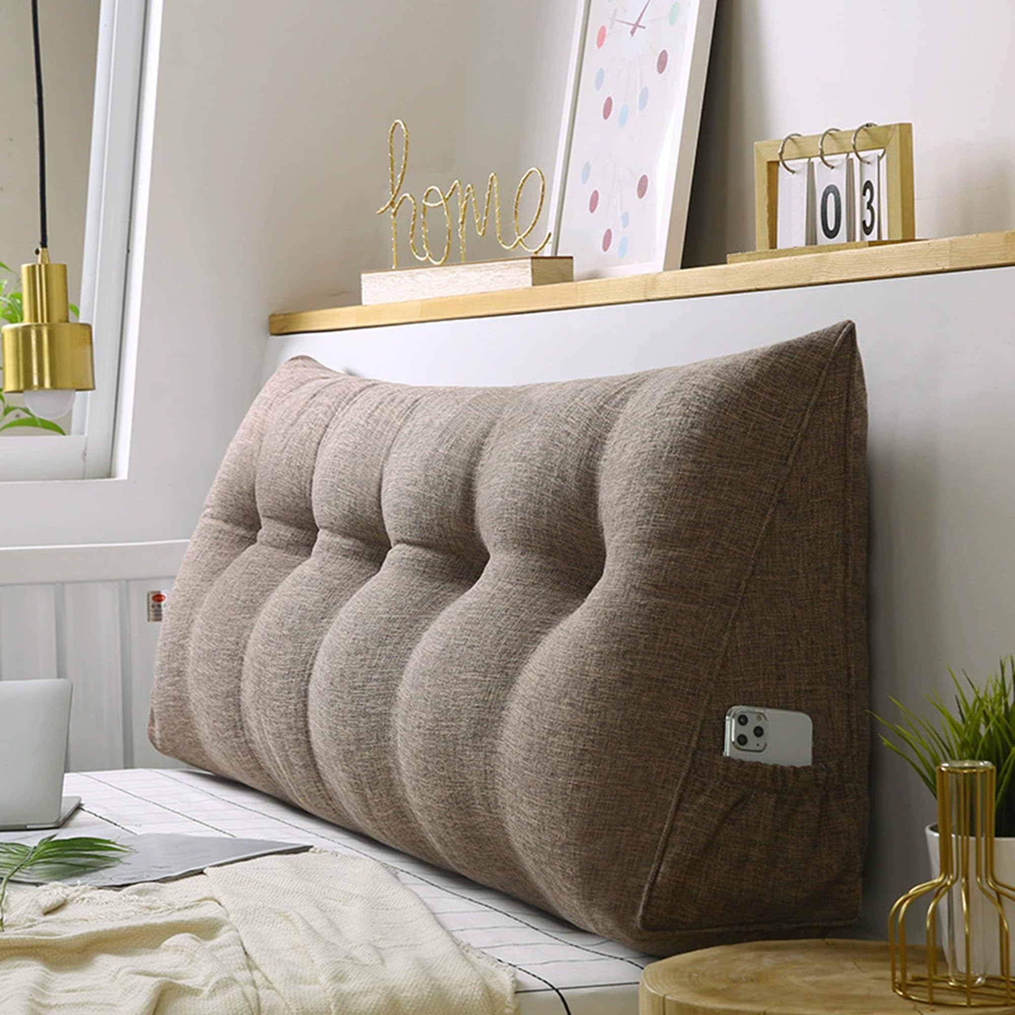 Hruile Triangular Headboard Cushion, Headboard Bolster Support Pillow, Backrest Wedge Reading Pillow with Side Pocket, Sofa Bed Positioning Back Lumbar Support Cushion (100x50x20cm,Brown)