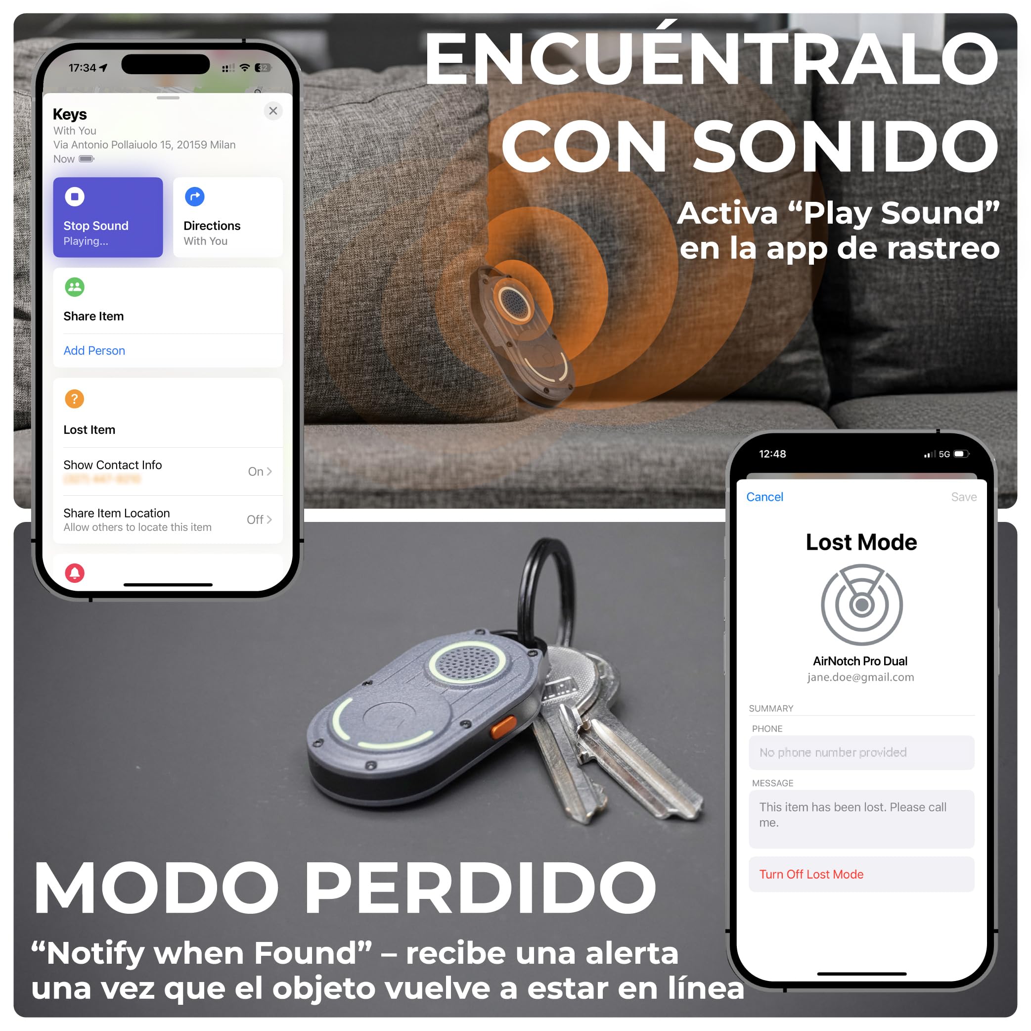 Rolling Square AirNotch Pro Dual - Tag Localizador Android y Apple Compatible con Apple Find My y Google Android Find Hub, Smart Tag Llavero con Rastreador y Sonido 360°, Baterías Reemplazables, Gris