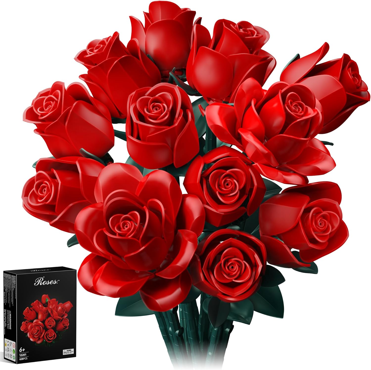 Red Roses Flower Bouquet Building Set, Artificial Flowers Botanical Collection Kit for Adults Women & Men - Gift for Mothers Day, Home Room Office Shelf Centerpieces Decor