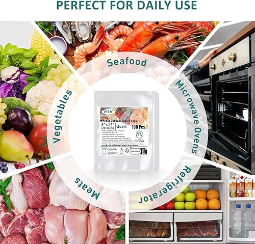 Miniatura 2 de YISH Bolsas selladoras al vacío de cuarto de galón 100 bolsas precortadas de 8 "x 12" para guardar alimentos, sin BPA, reutilizables para