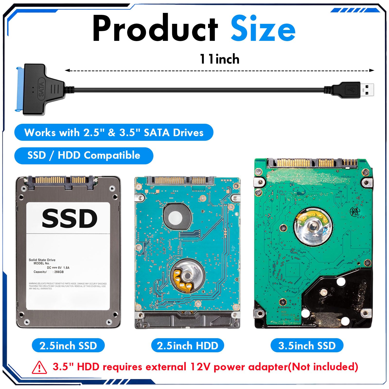 Confezione da 20 cavi adattatori da USB 3.0 a SATA, supporta Ssd/HDD da 2,5 ″ 3,5 ″ con porta di alimentazione CC, velocità veloce da SATA a disco rigido USB, strumento di trasferimento e