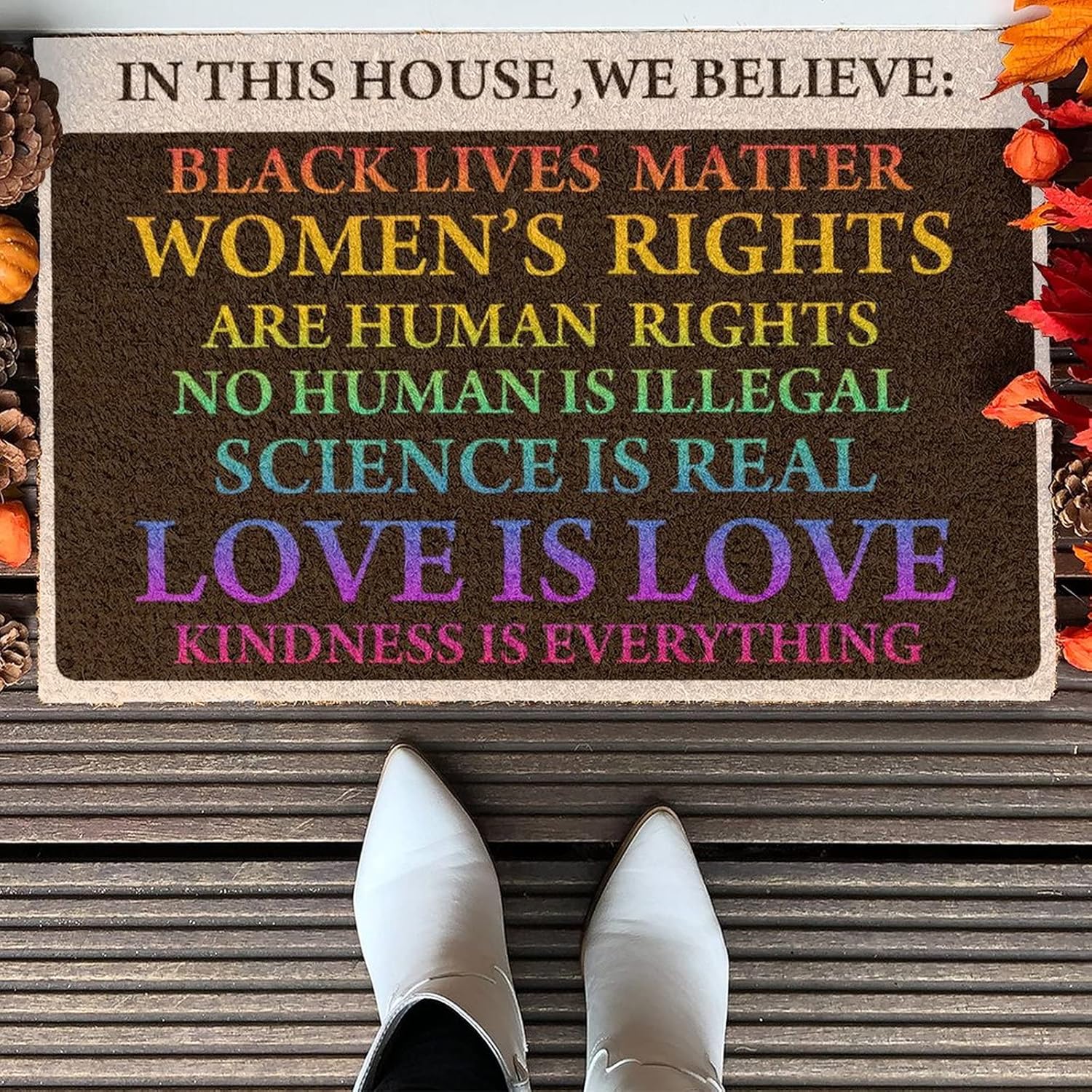 in This House We Believe Welcome Doormat Gay Pride LGBT Equality Lesbian Indoor/Outdoor Decorative Doormats Rainbow Farmhouse Entrance Rug Mats for Home Office Patio 24x36 inch