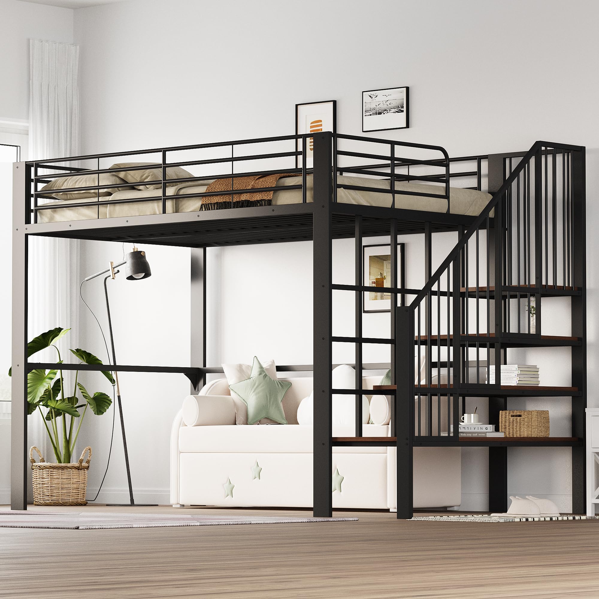 Dolamaní Letto a soppalco 140 x 200 cm per bambini e adulti, con ampio spazio di archiviazione sotto il letto e scala ideale (Nero B)