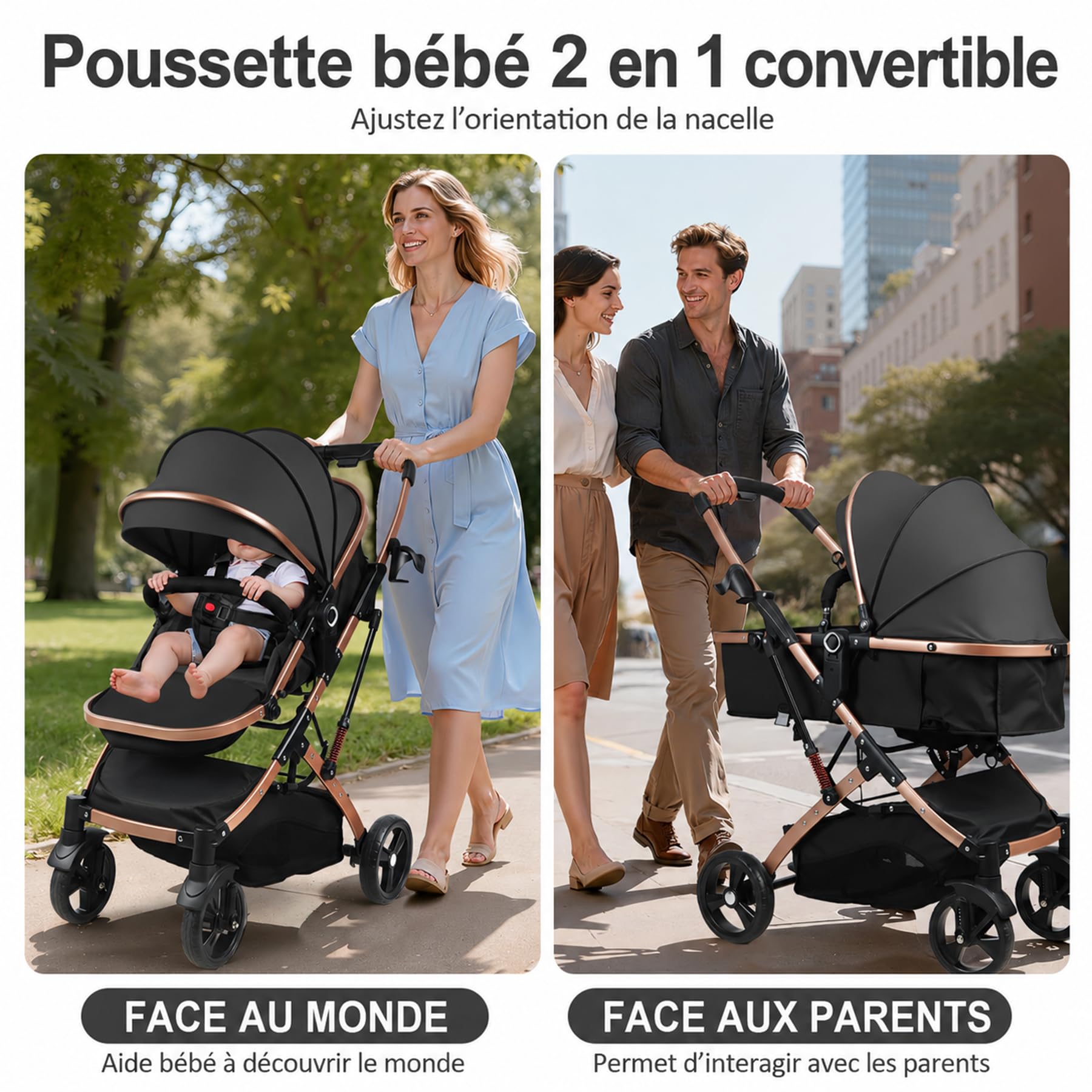 Poussette Bébé 2 en 1 Convertible, Naissance avec Mode Nacelle, Siège Réversible, Capote UPF Anti-UV, Suspension Antichoc, Harnais 5 Points, Voyage Pliable, Nouveau-né à Tout-Petit