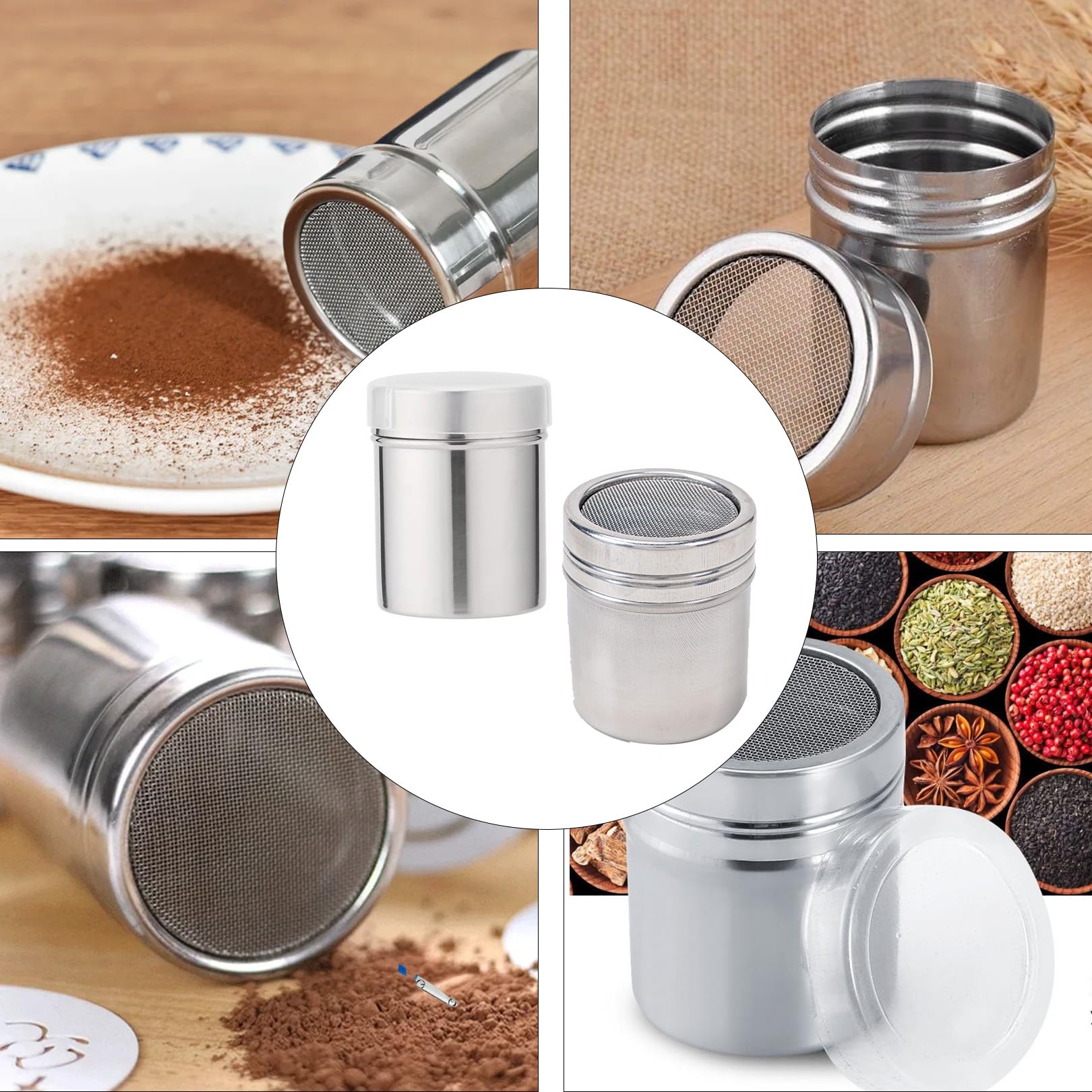 Saupoudreur de cacao et de sucre en poudre, saupoudreuse à farine, sucre en poudre, pratique avec couvercle pour cacao, farine, cannelle, plus encore, cappuccino, café, pâtisserie, tamis à structure