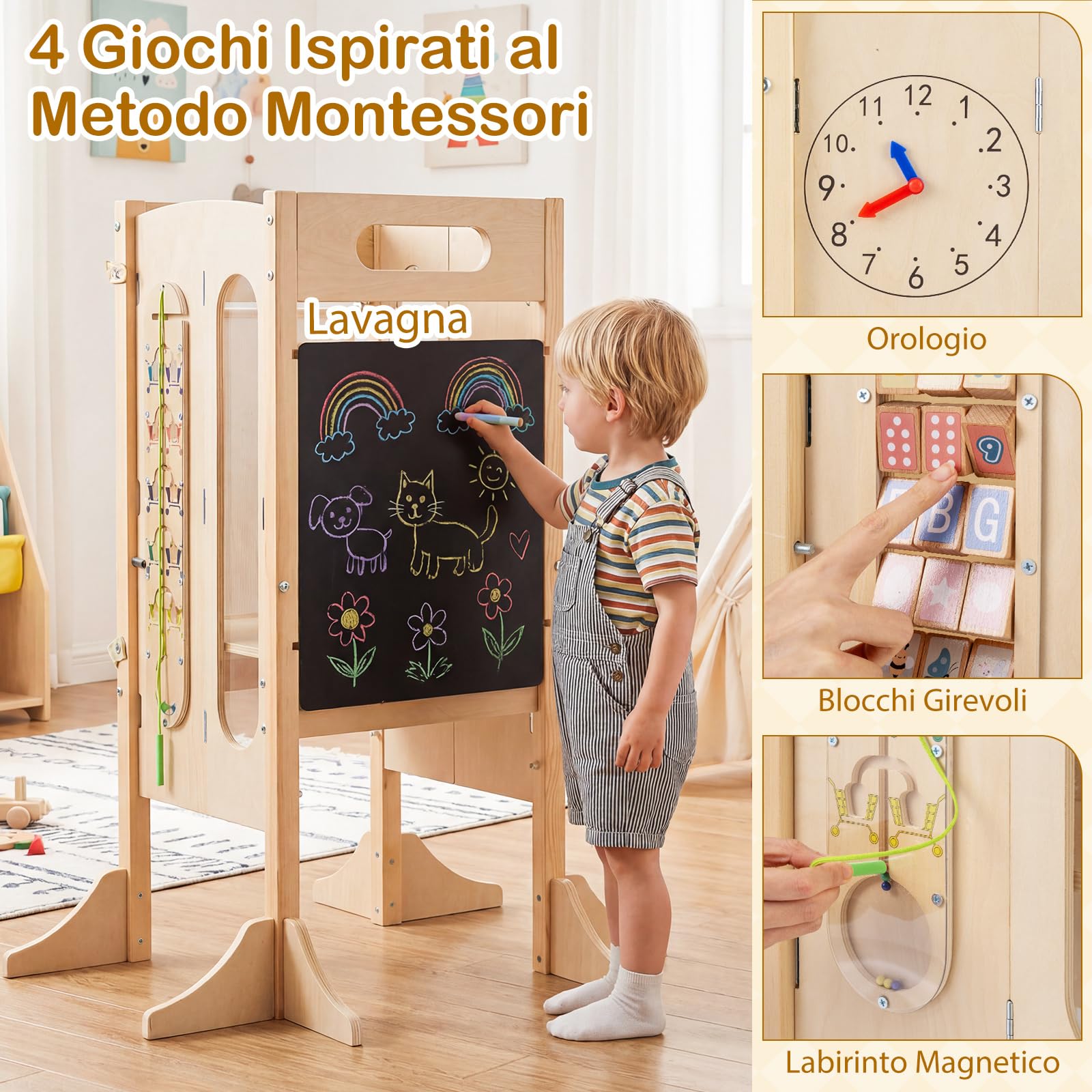 COSTWAY Torre Montessoriana Pieghevole per Bambini, Sgabello da Cucina in Legno con 2 Scalini e Rete Sicurezza, Torre di Apprendimento Montessoriana con Lavagna e Giochi Sensoriali per Bambini 3+ Anni