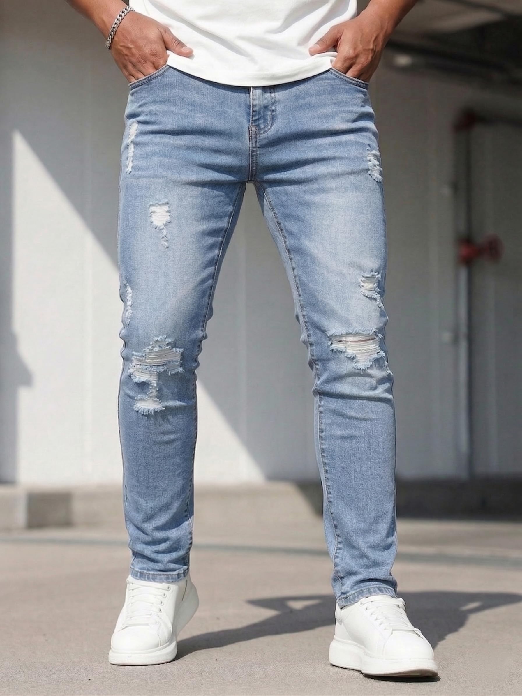 HUNGSON Men's Ripped Skinny Jeans Stretchy Slim Fit Jeans Pants for Men
