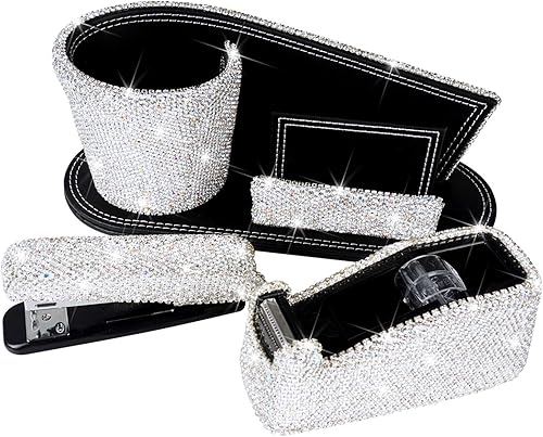 Grapadora y dispensador de cinta y soporte para lápices, tarjetas de nombre de negocios, decorativas, brillantes, cristal, de lujo, hecho a mano,