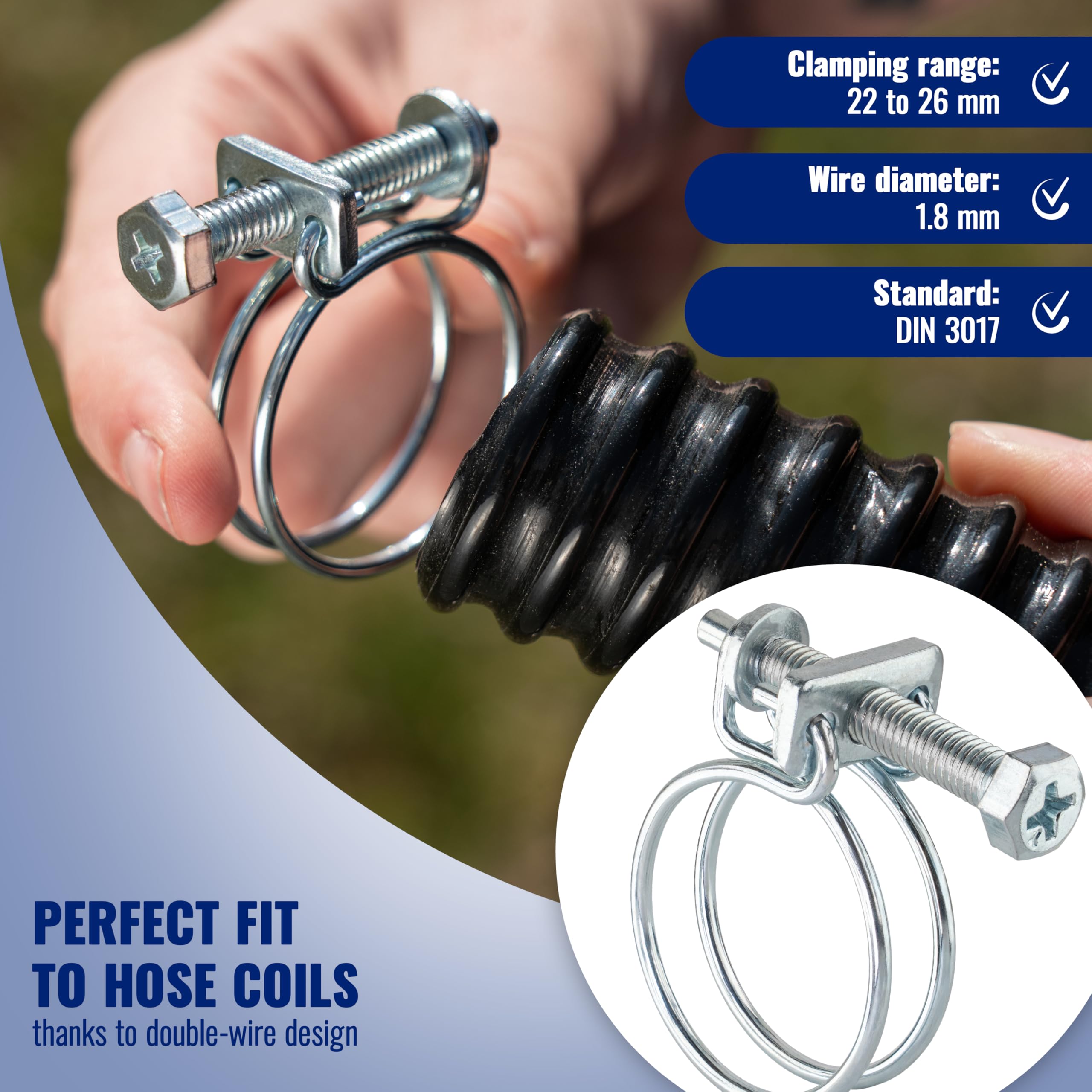 Poppstar 5 Pieces Double Wire Hose Clamp W1 Galvanised Steel Hose Clips, Clamping Width 22-26mm, Wire Diameter 1,8mm - Image 2