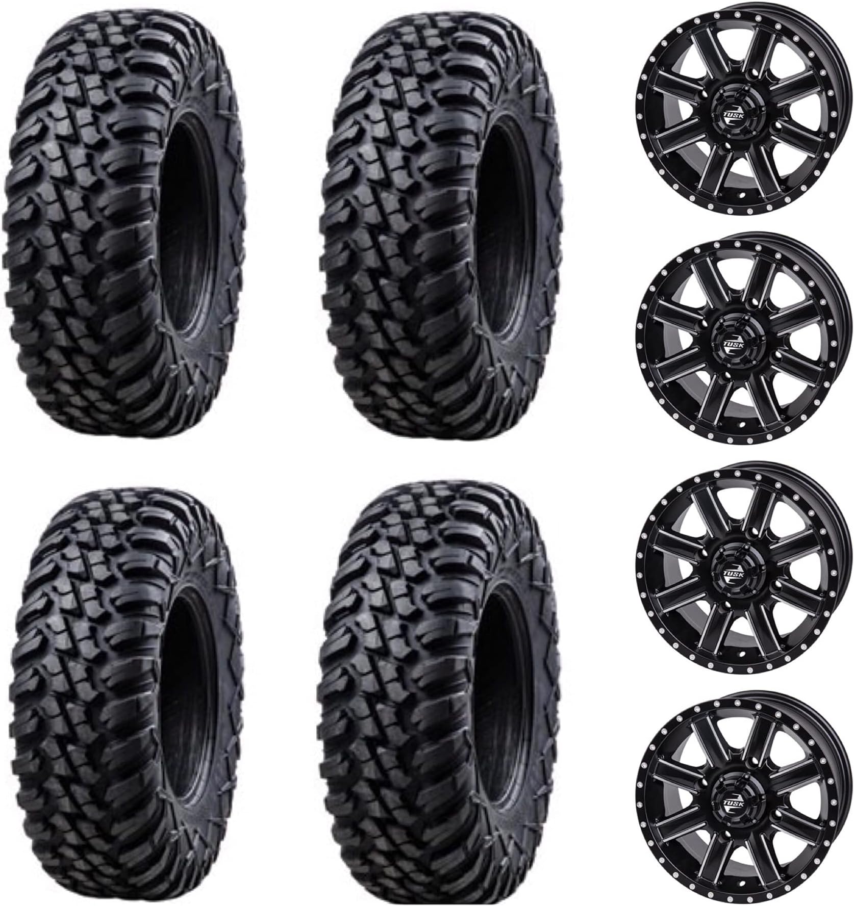 Four 28x10-14 Tusk TERRABITE Heavy Duty 8-Ply Radial UTV Tires mounted on Tusk CASCADE Wheels - For HONDA PIONEER 1000 1000-5 - Includes Lug Nuts (5+2 Wheel Offset, Machined/Black)