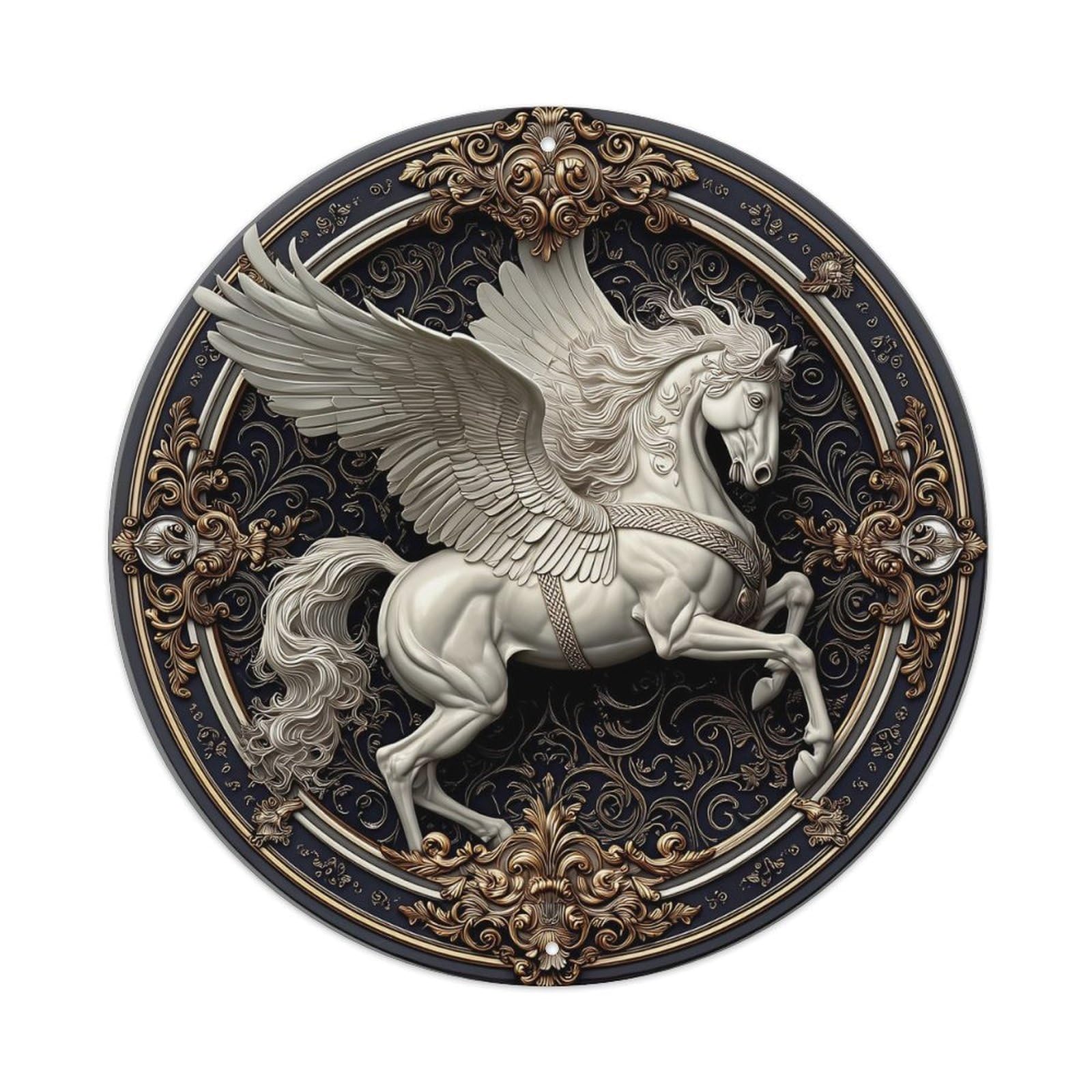 Ornate Winged Horse Medallion Design Vintage Metal Tin Sign Retro Wall Decor for Home Bar Garage Cafe, Indoor & Outdoor Decorative，circle Metal Poster, 8x8 Inch