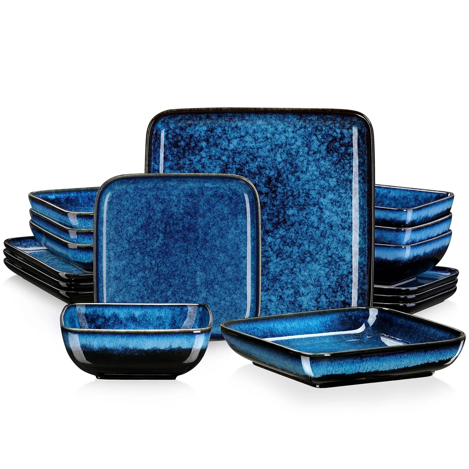 SAeWare Servizio da tavola in ceramica, set da tavola quadrato verde per cambiare forno smaltato, 16 pezzi, stoviglie da cucina in ceramica per 4 persone, blu, 16 pezzi