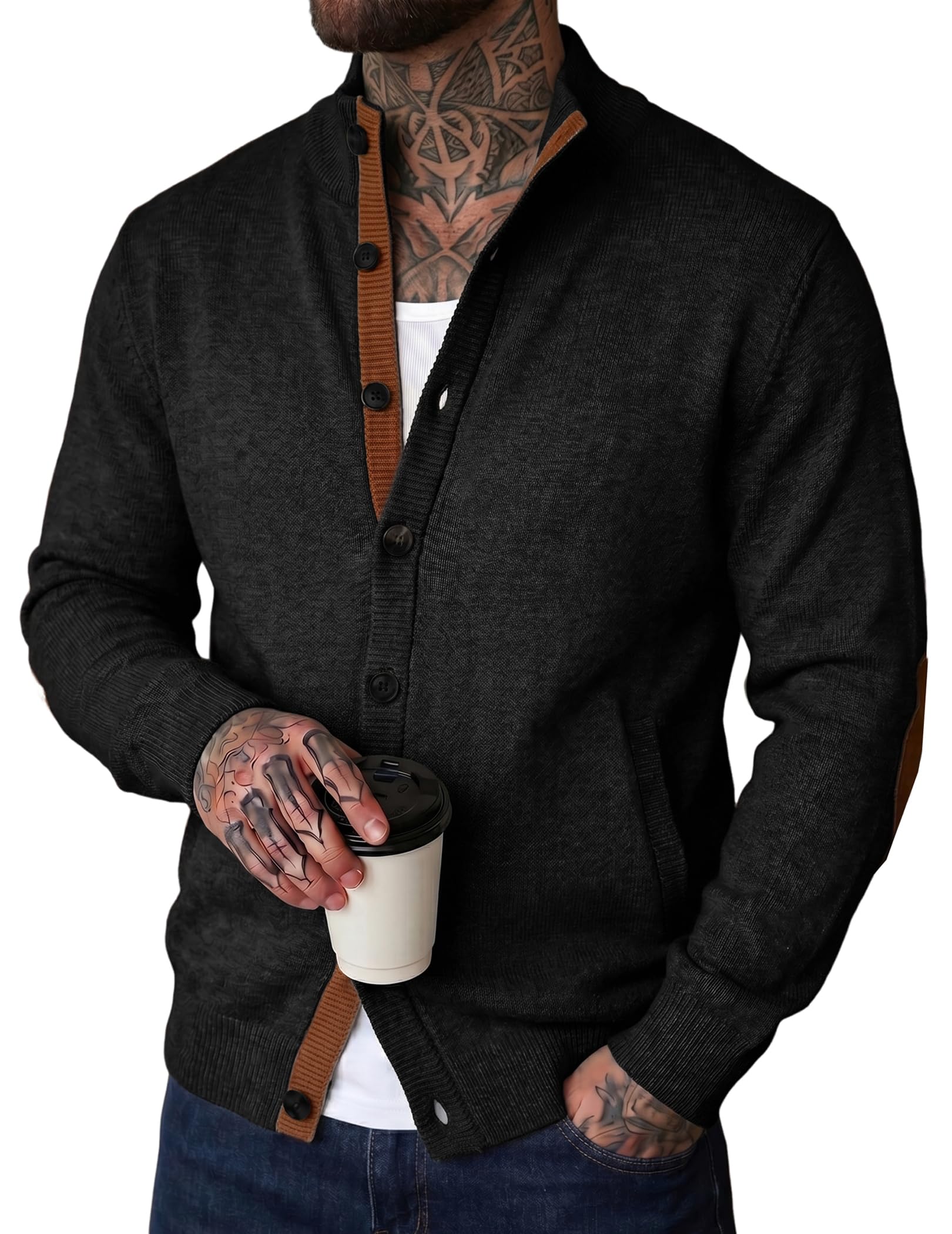 JMIERR Herren Strickjacke Lederpasse Pullover | Wildleder Ellenbogen Patches, Zwei Seitentaschen, weiche feine Strick, Langärmel, Vintage Casual